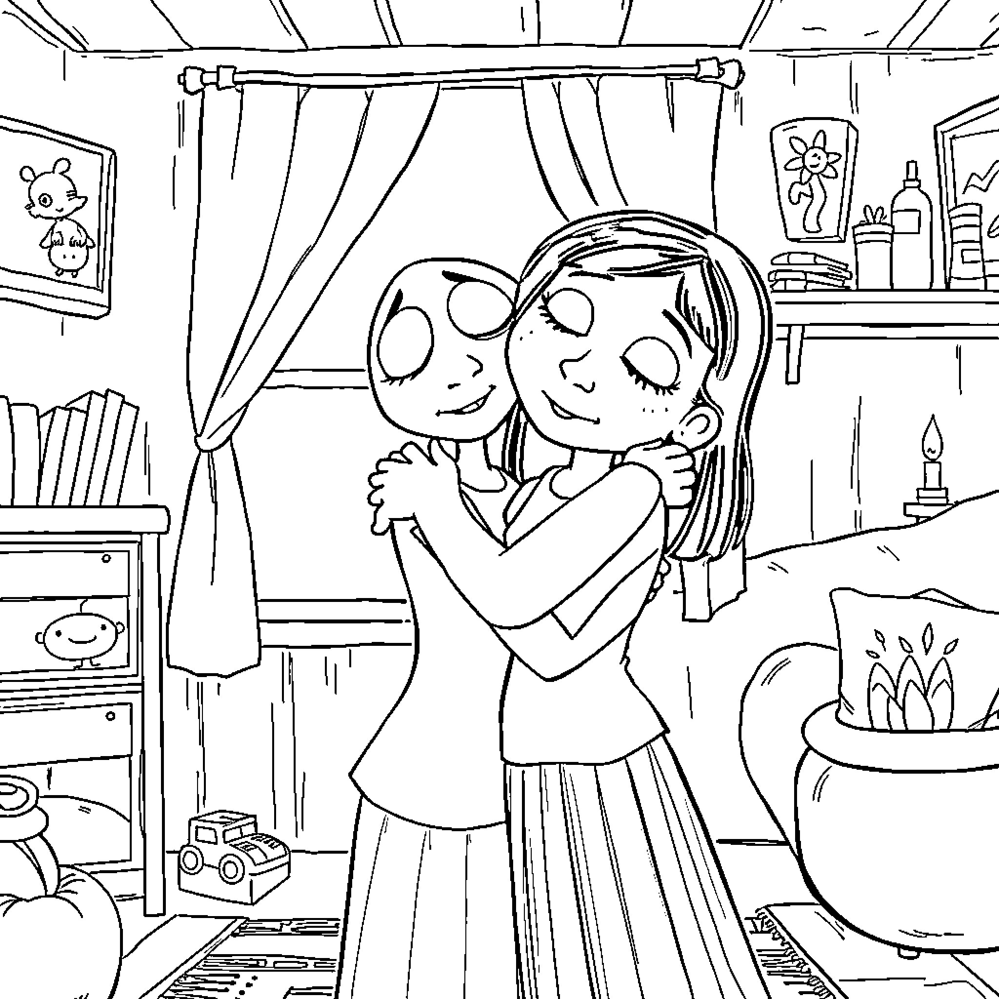 Coraline Jones embracing a close friend in her room Coloring Page (free black-and-white line drawing printable PDF for all, from beginners to advanced learners, including children, teens, adults, and seniors)