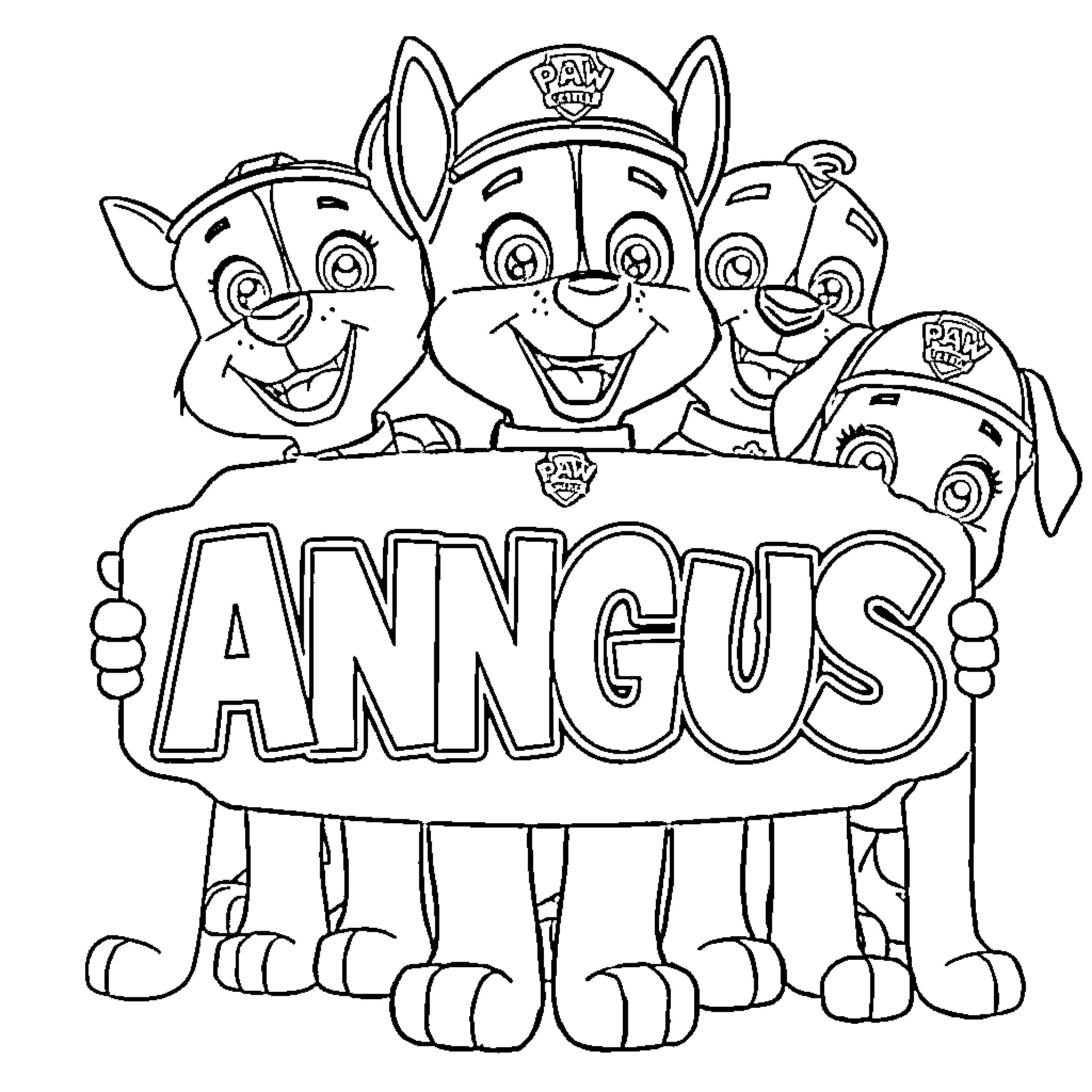 Paw Patrol characters holding a banner Coloring Page (free black-and-white line drawing printable PDF for all, from beginners to advanced learners, including children, teens, adults, and seniors)