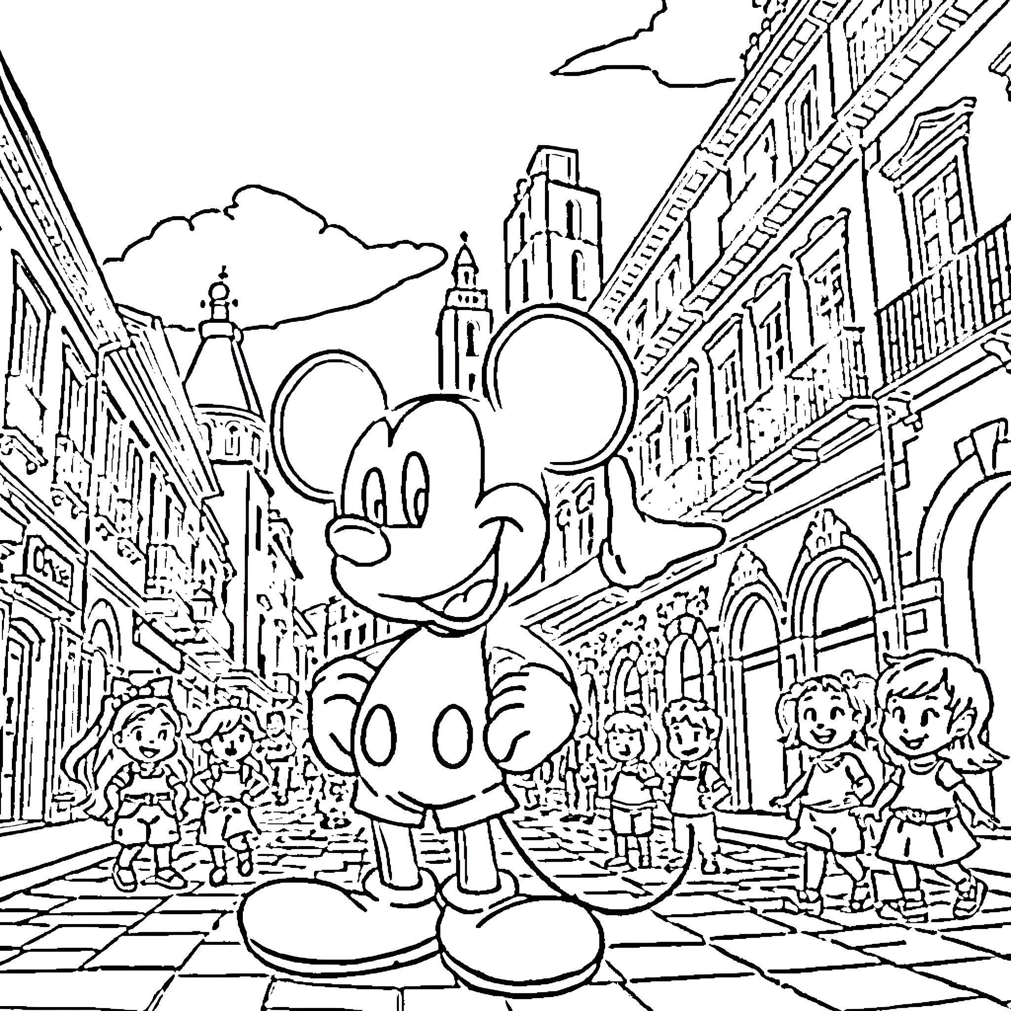 Mickey Mouse exploring a bustling urban city Coloring Page (free black-and-white line drawing printable PDF for all, from beginners to advanced learners, including children, teens, adults, and seniors)
