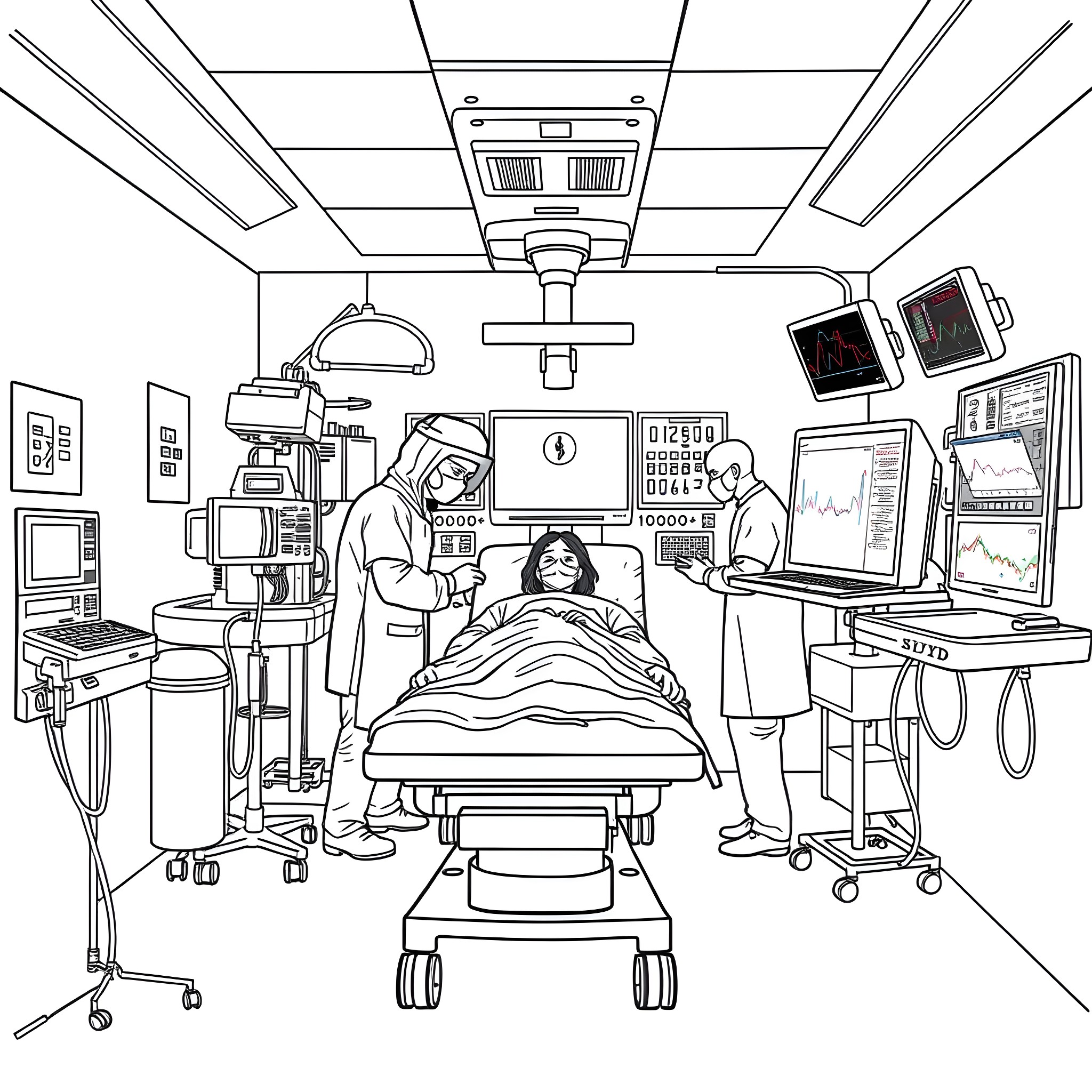 Adult healthcare professionals treating patient in medical facility Coloring Page (free black-and-white line drawing printable PDF for all, from beginners to advanced learners, including children, teens, adults, and seniors)