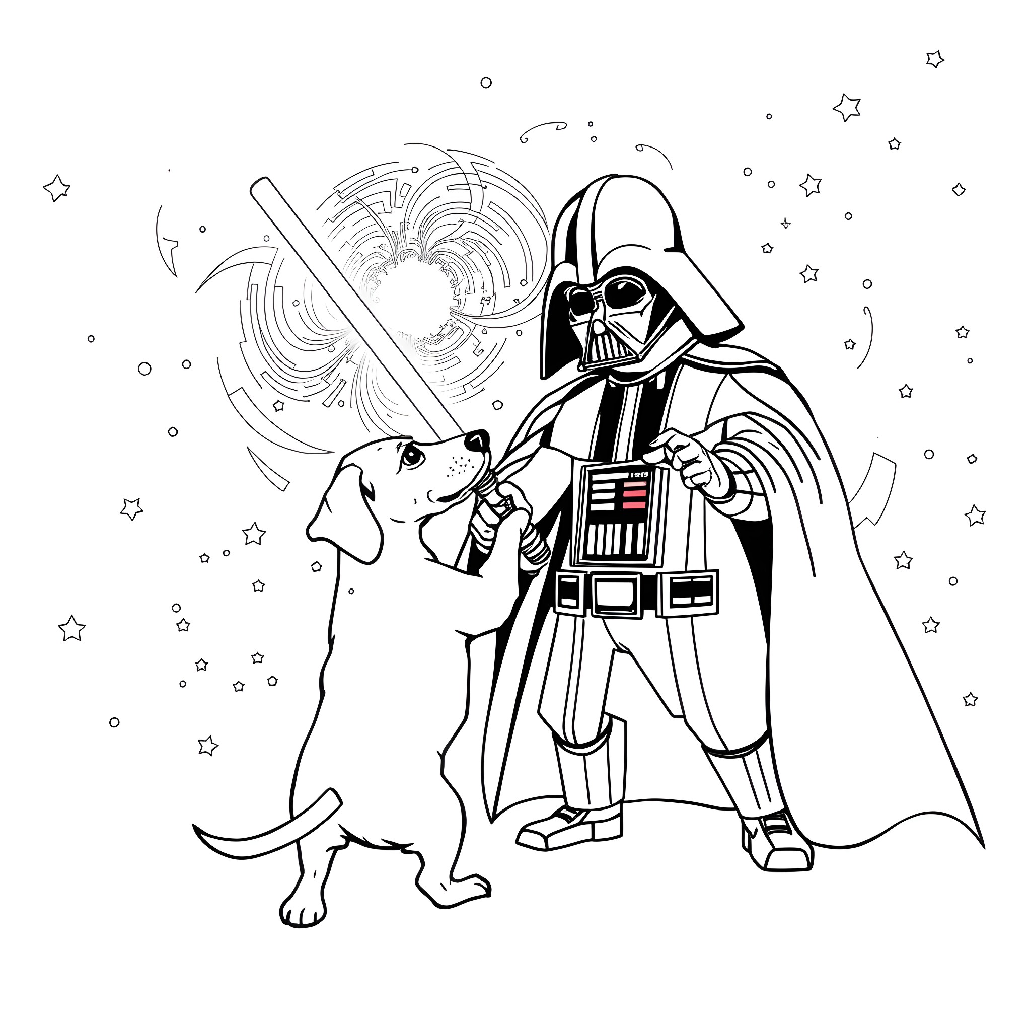 Wiener Dog and Darth Vader's Cosmic Adventure Coloring Page (free black-and-white line drawing printable PDF for all, from beginners to advanced learners, including children, teens, adults, and seniors)