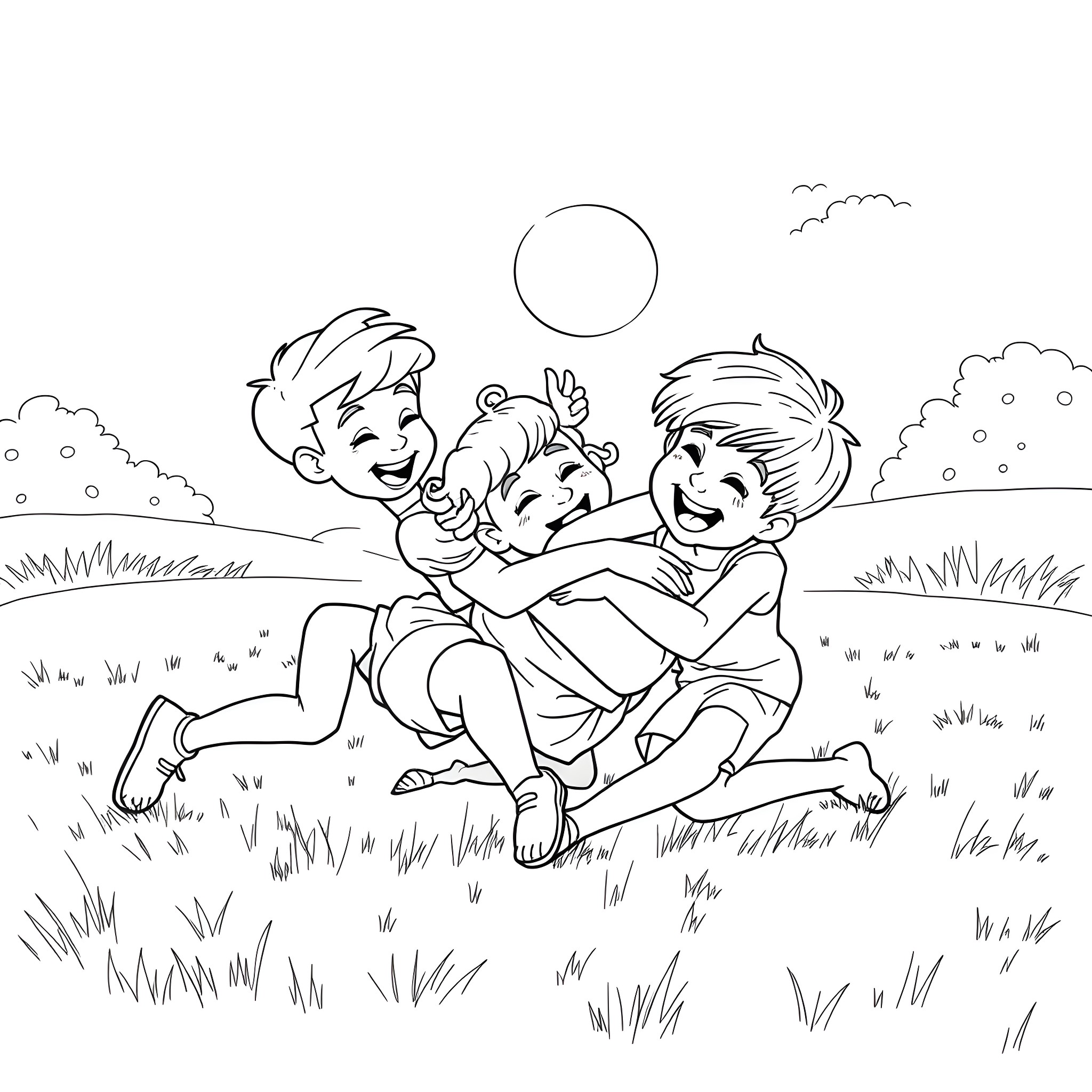 Bonnie Blue: Children Playing and Exploring Outdoors Coloring Page (free black-and-white line drawing printable PDF for all, from beginners to advanced learners, including children, teens, adults, and seniors)