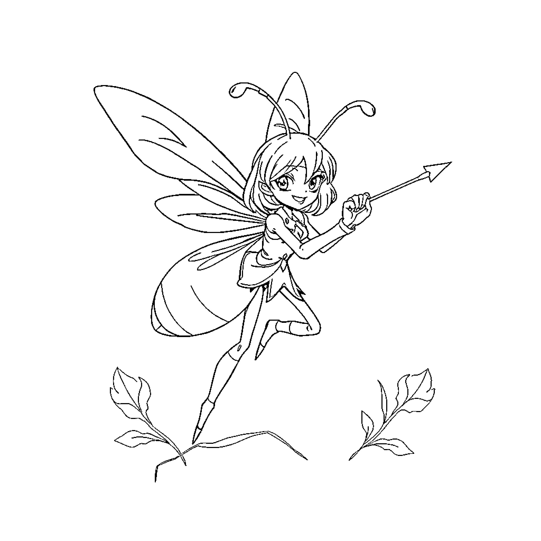 Hornet-like fairy shooting an arrow in the woods Coloring Page (free black-and-white line drawing printable PDF for all, from beginners to advanced learners, including children, teens, adults, and seniors)