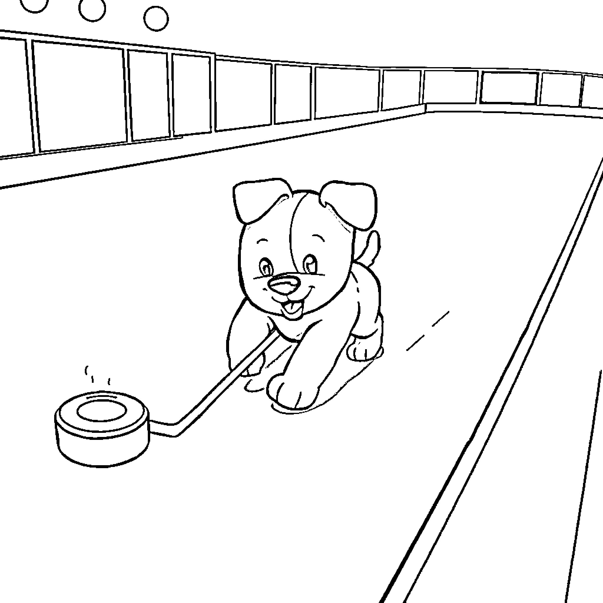 Puppy playing with a toy on a bridge Coloring Page (free black-and-white line drawing printable PDF for all, from beginners to advanced learners, including children, teens, adults, and seniors)