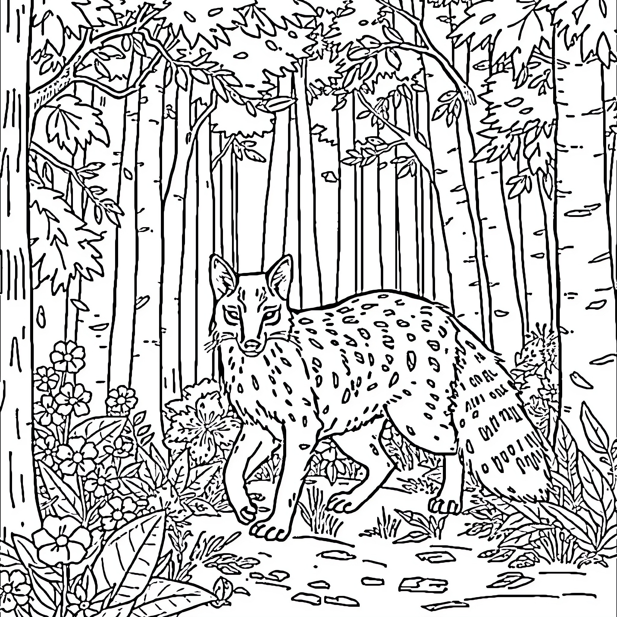 Fox Exploring the Enchanted Forest Coloring Page (free black-and-white line drawing printable PDF for all, from beginners to advanced learners, including children, teens, adults, and seniors)
