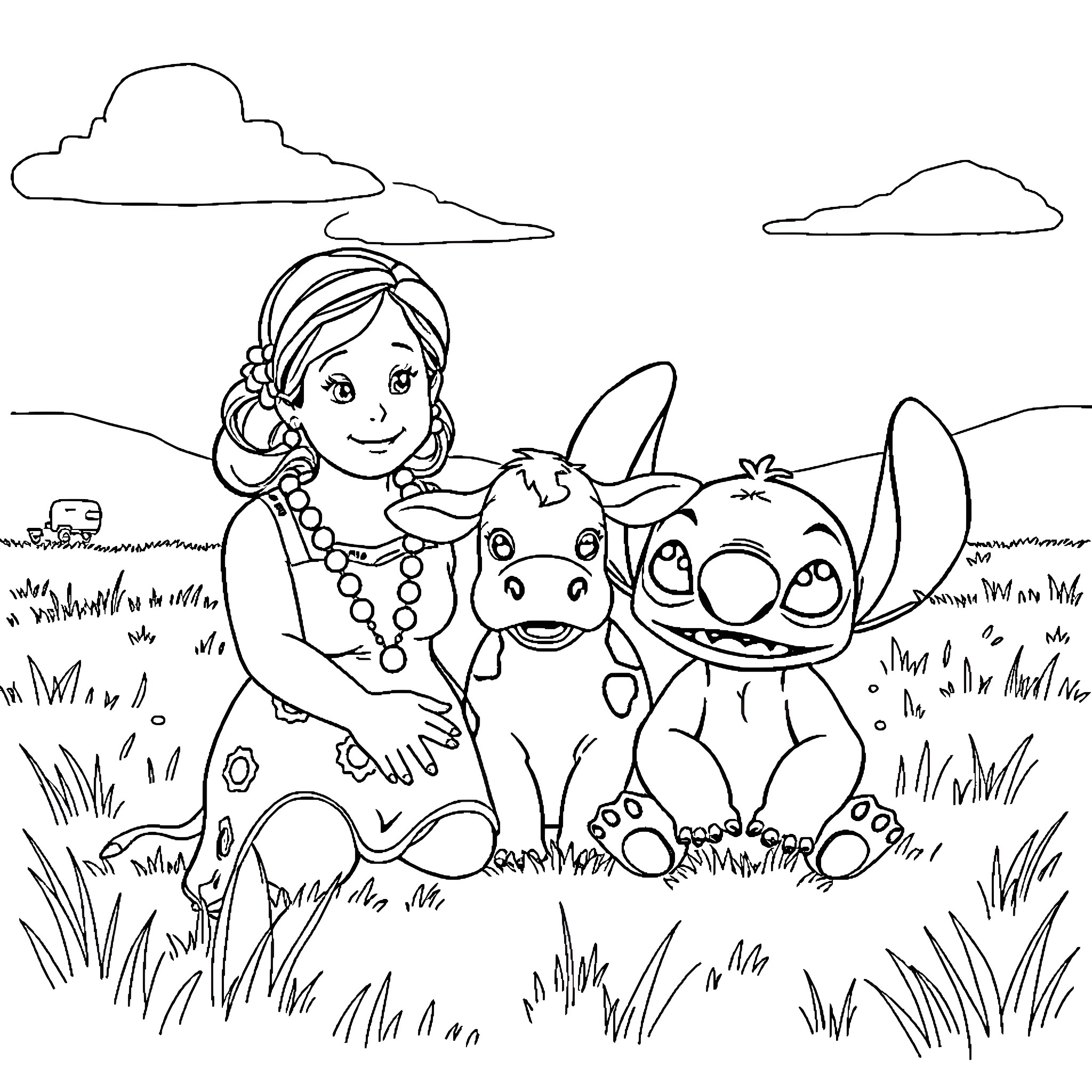Lilo playing with her pet friends in the field Coloring Page (free black-and-white line drawing printable PDF for all, from beginners to advanced learners, including children, teens, adults, and seniors)