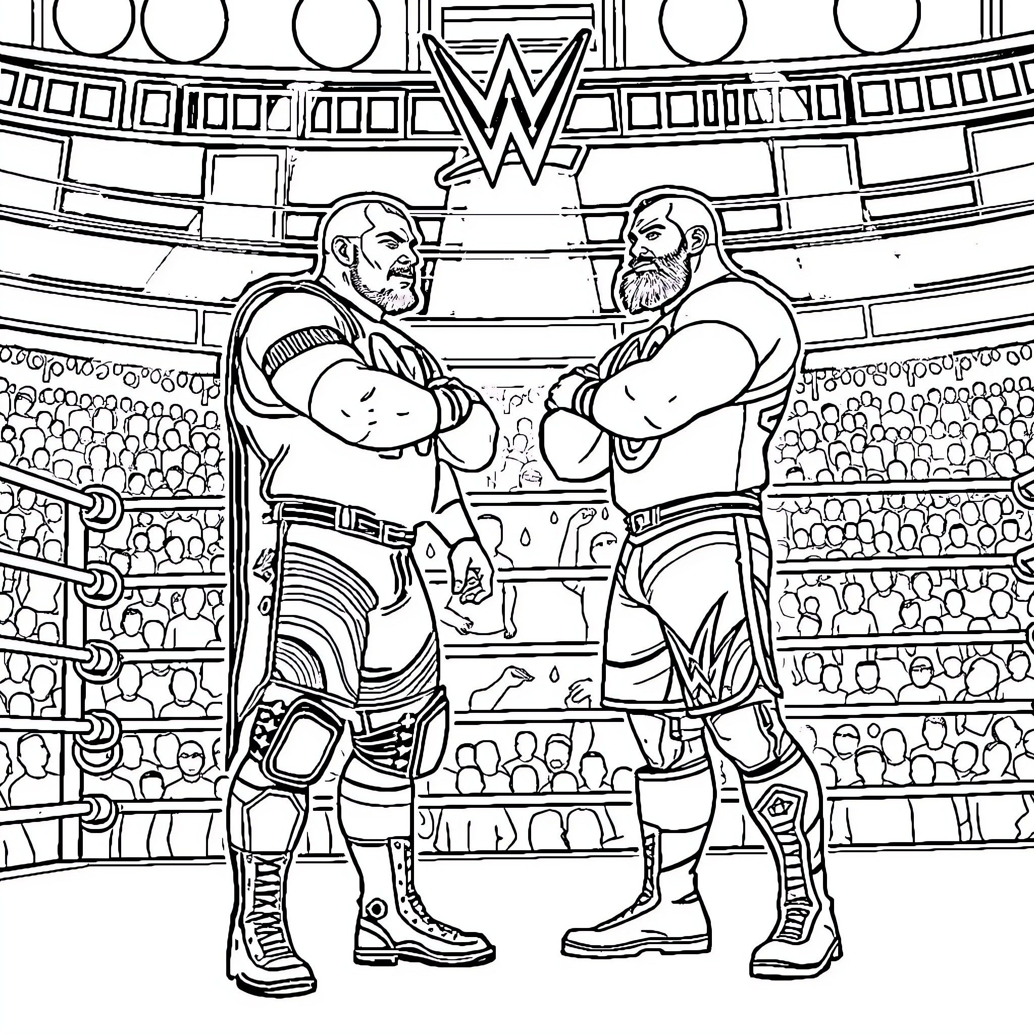 Uso Wrestling Competition in Stadium Coloring Page (free black-and-white line drawing printable PDF for all, from beginners to advanced learners, including children, teens, adults, and seniors)
