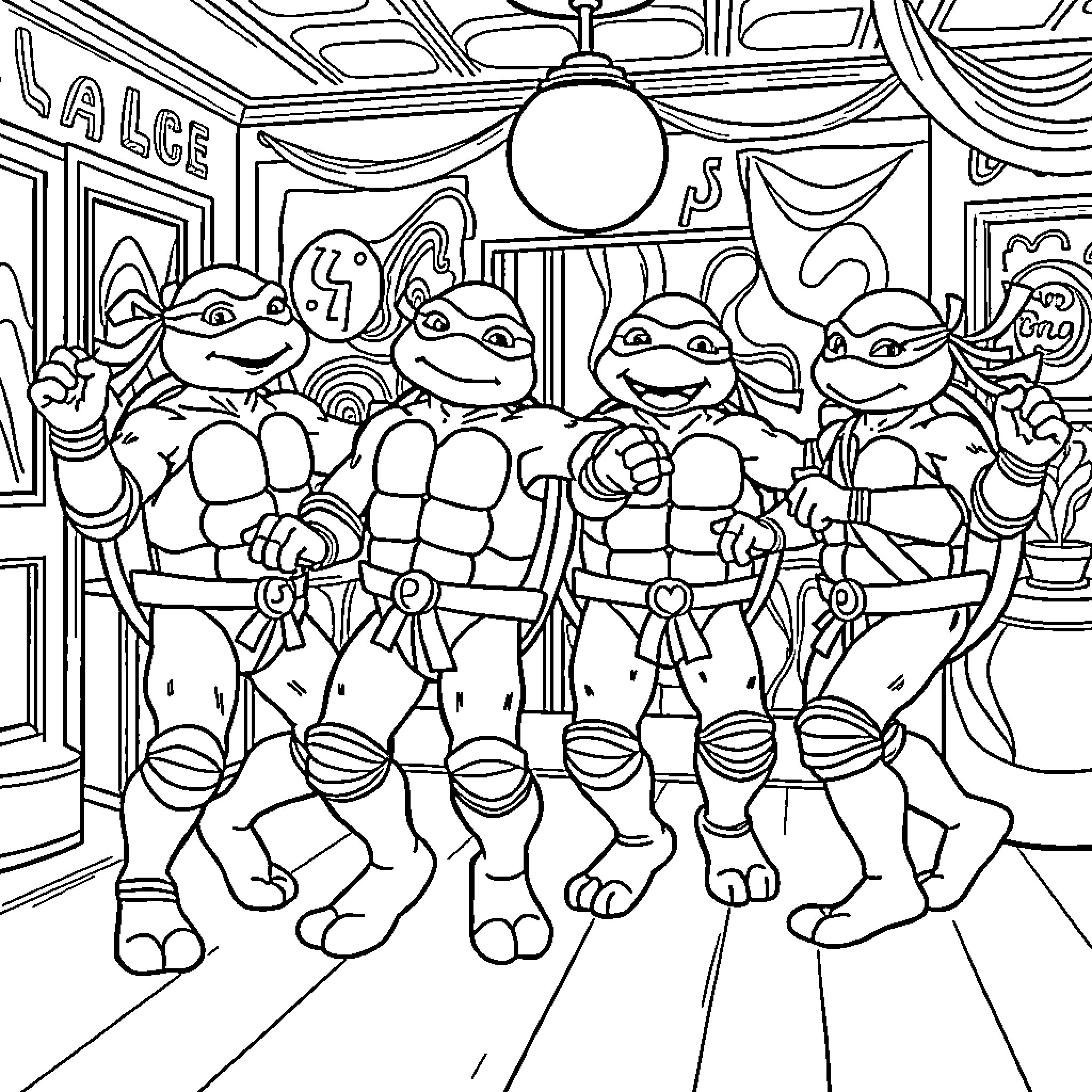 Teenage Mutant Ninja Turtles in action-packed adventure Coloring Page (free black-and-white line drawing printable PDF for all, from beginners to advanced learners, including children, teens, adults, and seniors)
