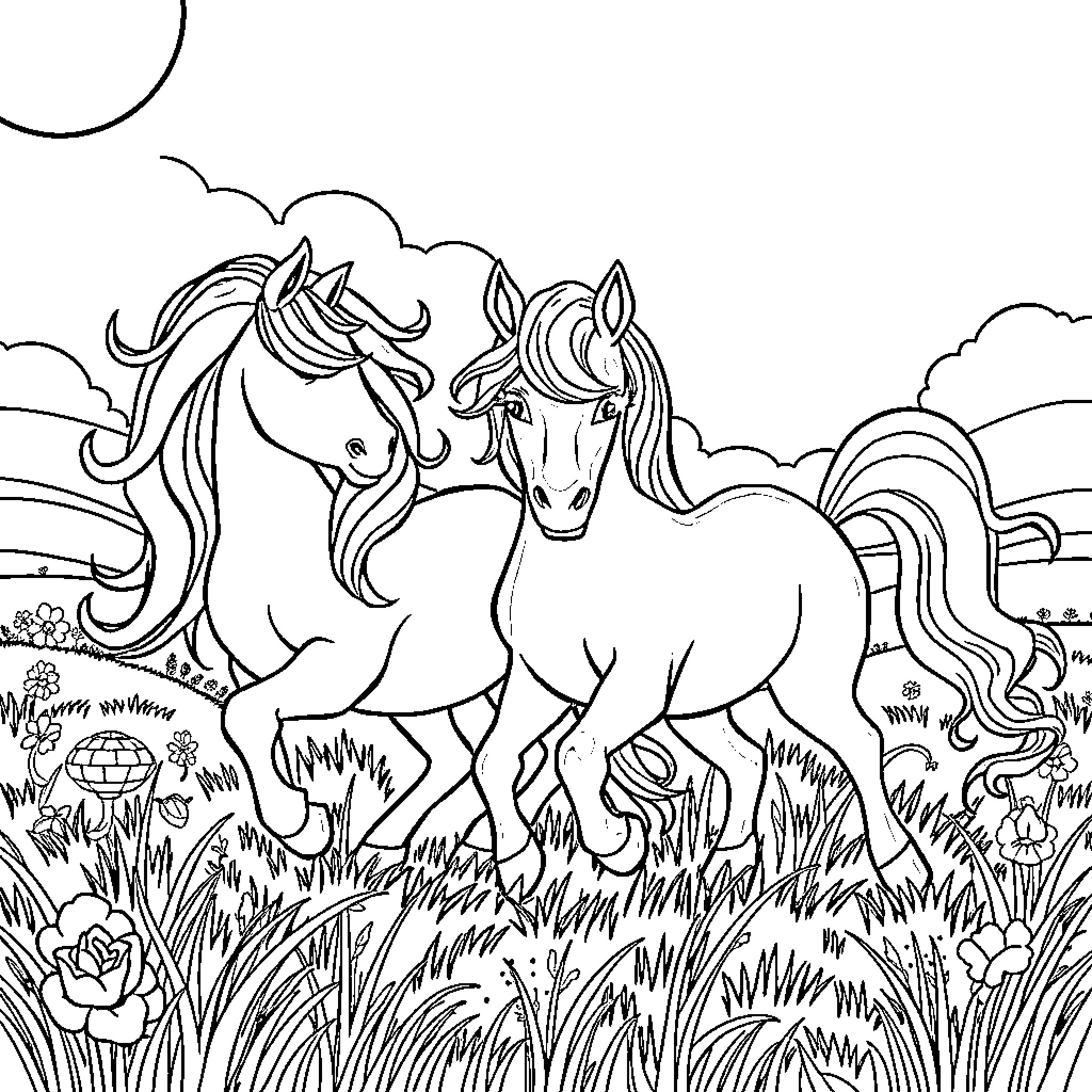Pony friends frolicking in the meadow Coloring Page (free black-and-white line drawing printable PDF for all, from beginners to advanced learners, including children, teens, adults, and seniors)