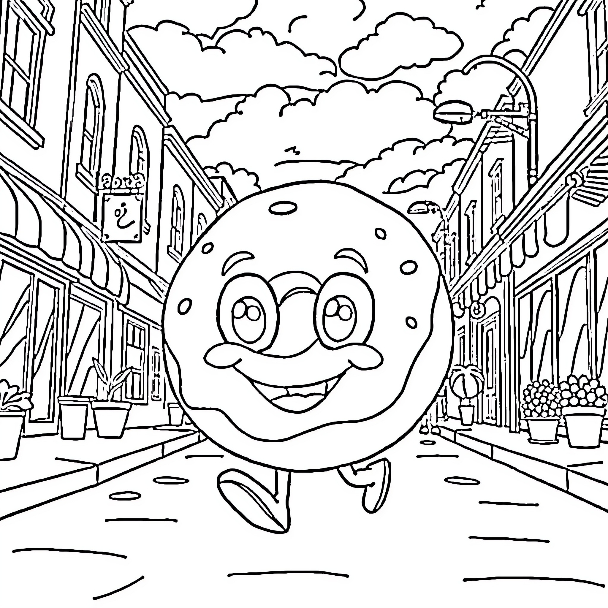 Donut character walking joyfully down city street Coloring Page (free black-and-white line drawing printable PDF for all, from beginners to advanced learners, including children, teens, adults, and seniors)