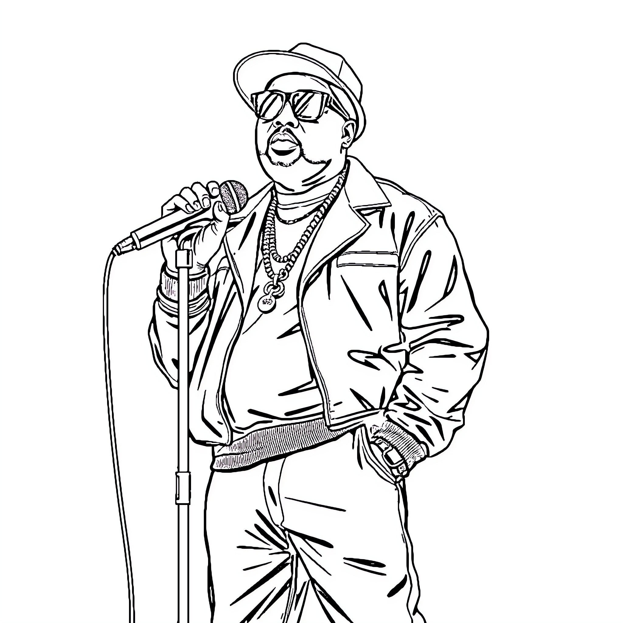 Biggie Smalls performing on stage with microphone Coloring Page (free black-and-white line drawing printable PDF for all, from beginners to advanced learners, including children, teens, adults, and seniors)