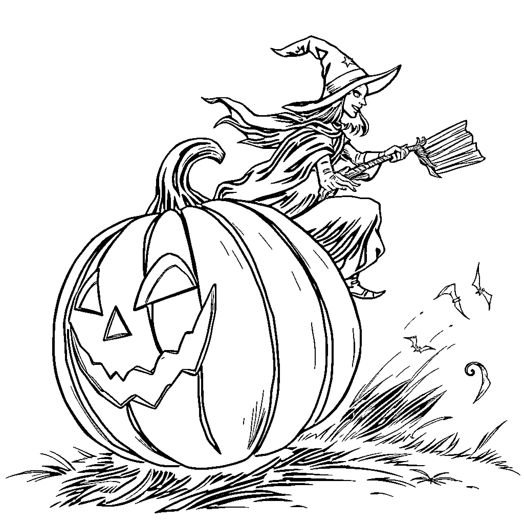 Pumpkin witch flying on broomstick Coloring Page (free black-and-white line drawing printable PDF for all, from beginners to advanced learners, including children, teens, adults, and seniors)