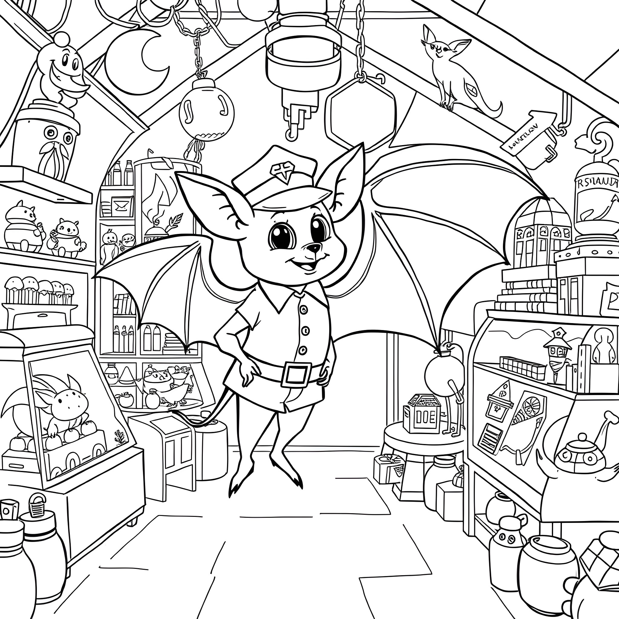 Bat exploring the magical toy shop Coloring Page (free black-and-white line drawing printable PDF for all, from beginners to advanced learners, including children, teens, adults, and seniors)