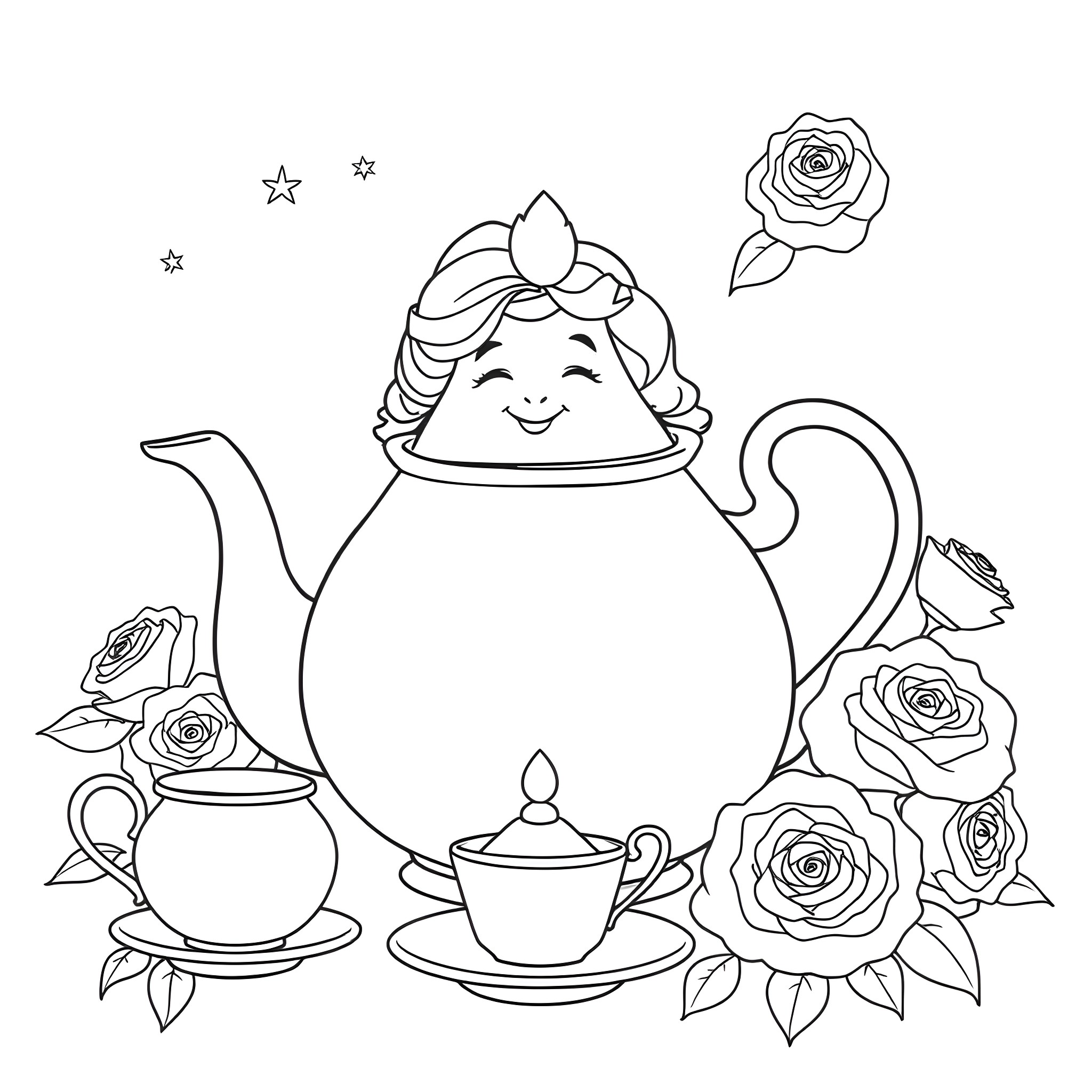 Mrs Potts enjoying a tea party with roses Coloring Page (free black-and-white line drawing printable PDF for all, from beginners to advanced learners, including children, teens, adults, and seniors)
