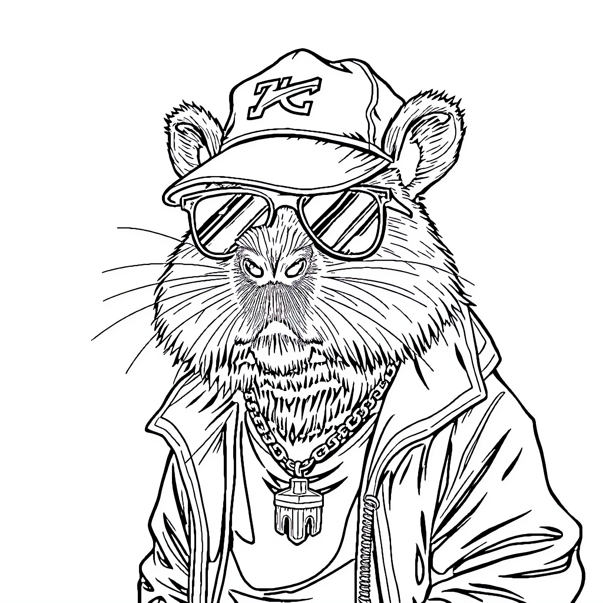 Capybara wearing sunglasses and a baseball cap Coloring Page (free black-and-white line drawing printable PDF for all, from beginners to advanced learners, including children, teens, adults, and seniors)