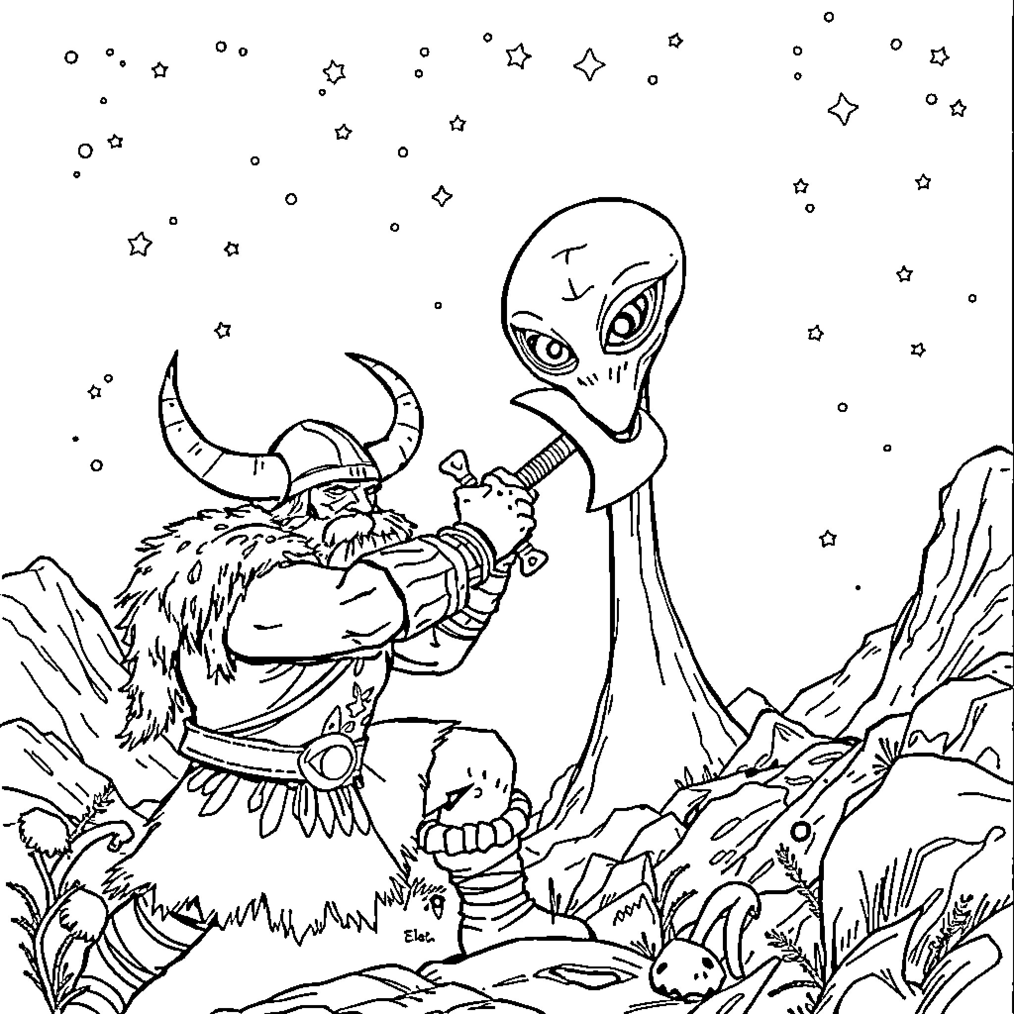 Viking Warrior Confronting Alien in Cosmic Landscape Coloring Page (free black-and-white line drawing printable PDF for all, from beginners to advanced learners, including children, teens, adults, and seniors)