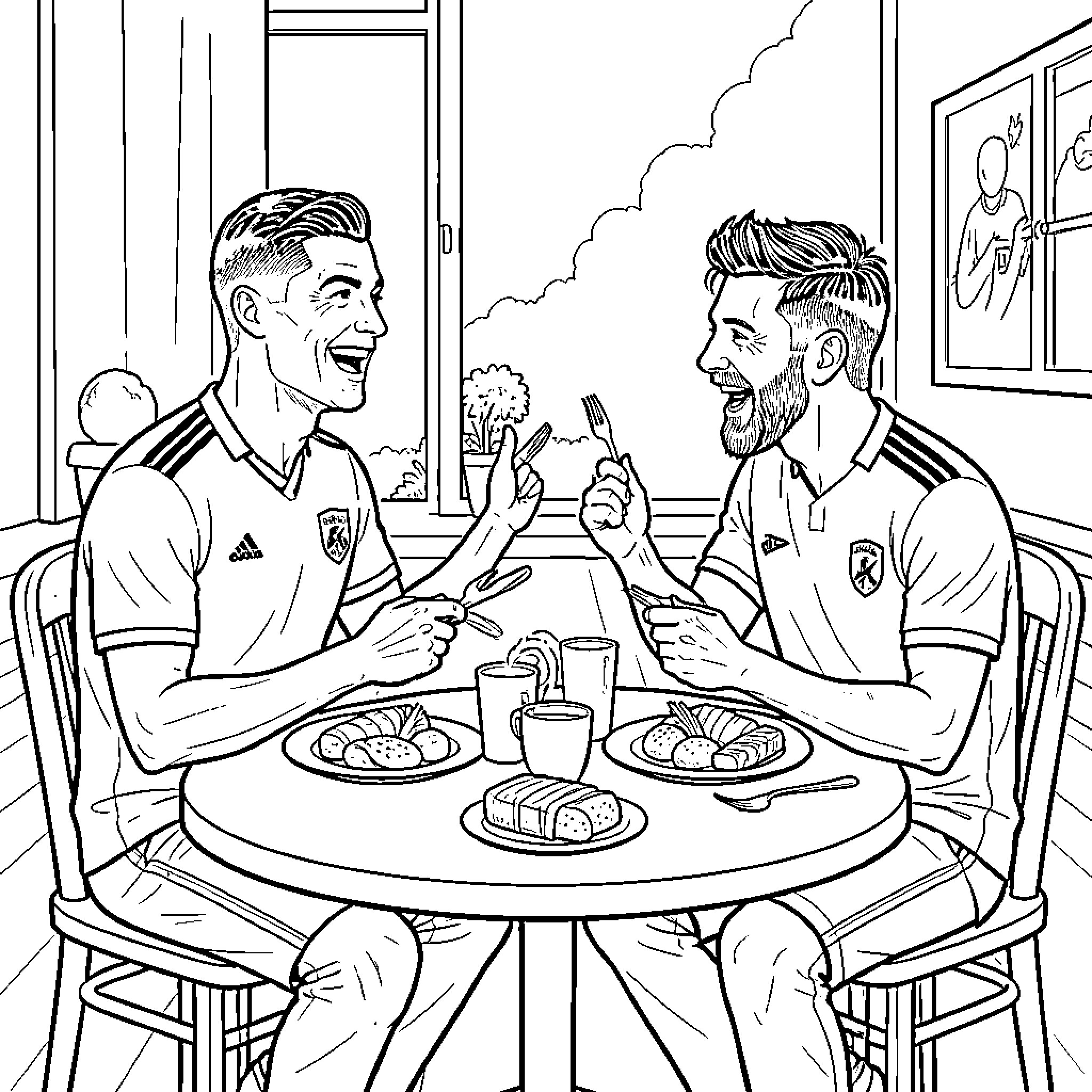 Cristiano Ronaldo laughing while eating breakfast with a friend Coloring Page (free black-and-white line drawing printable PDF for all, from beginners to advanced learners, including children, teens, adults, and seniors)