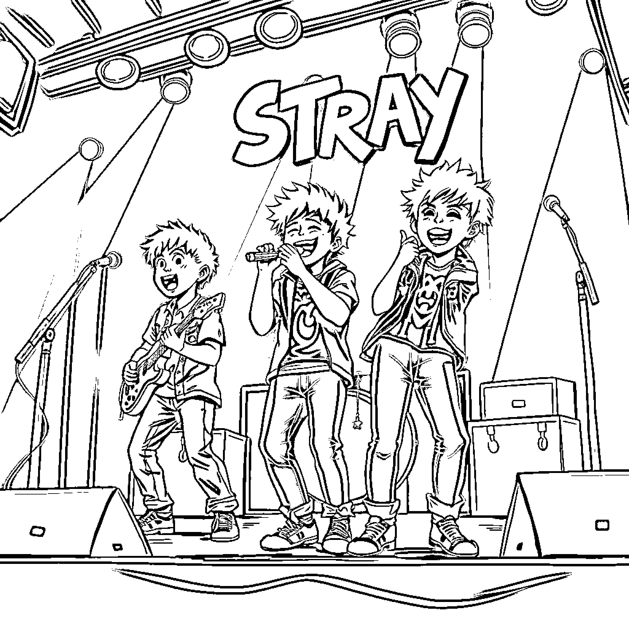 Stray Kids Performing Energetically on Stage Coloring Page (free black-and-white line drawing printable PDF for all, from beginners to advanced learners, including children, teens, adults, and seniors)