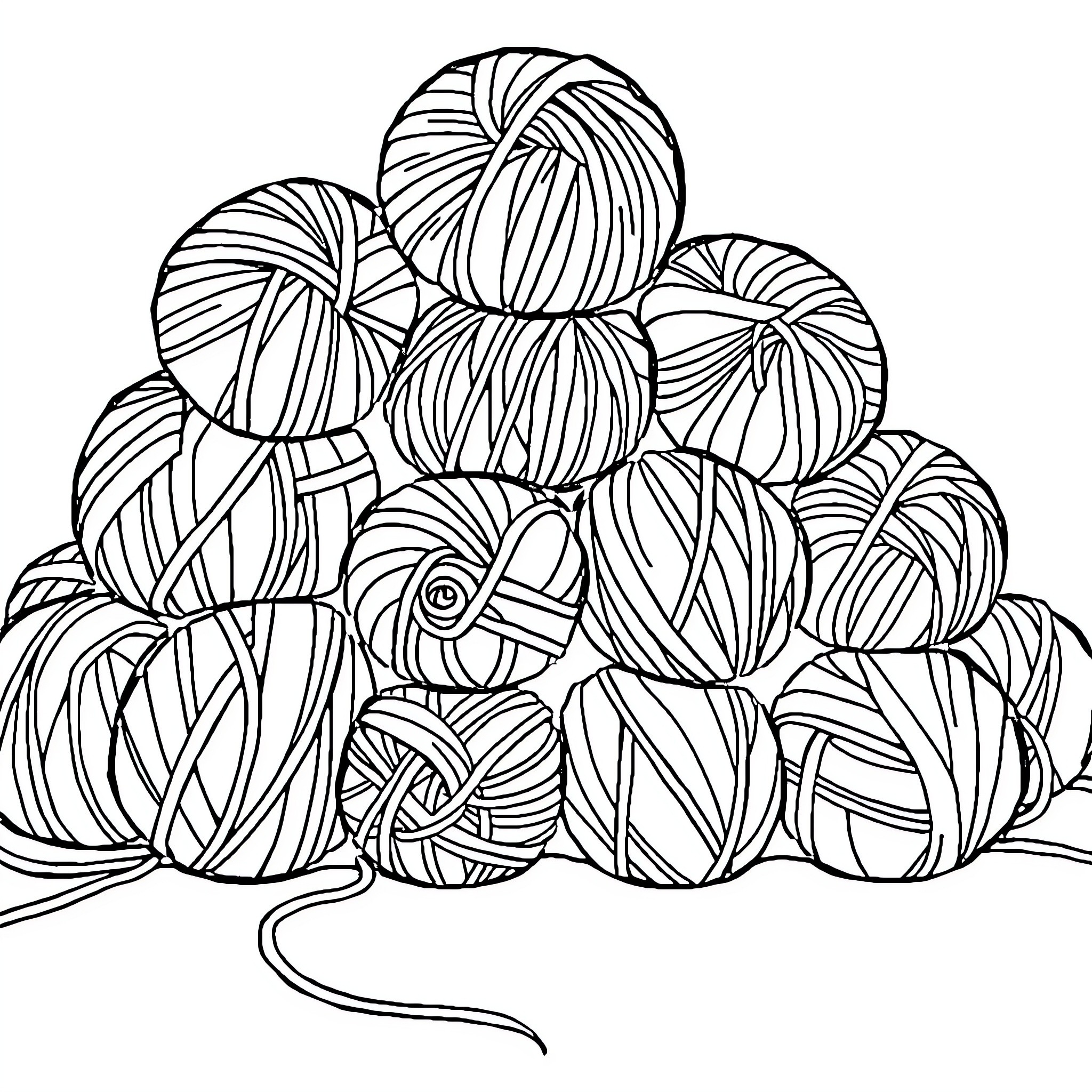 Yarn Balls Tangled in an Artistic Arrangement Coloring Page (free black-and-white line drawing printable PDF for all, from beginners to advanced learners, including children, teens, adults, and seniors)