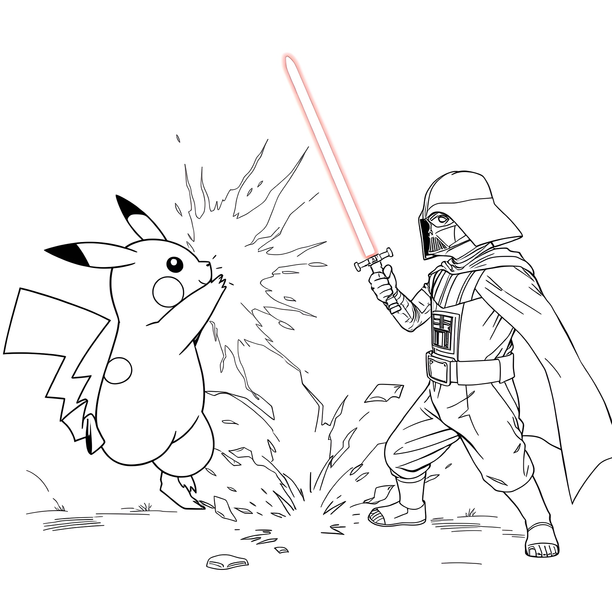 Pikachu battling against Darth Vader Coloring Page (free black-and-white line drawing printable PDF for all, from beginners to advanced learners, including children, teens, adults, and seniors)