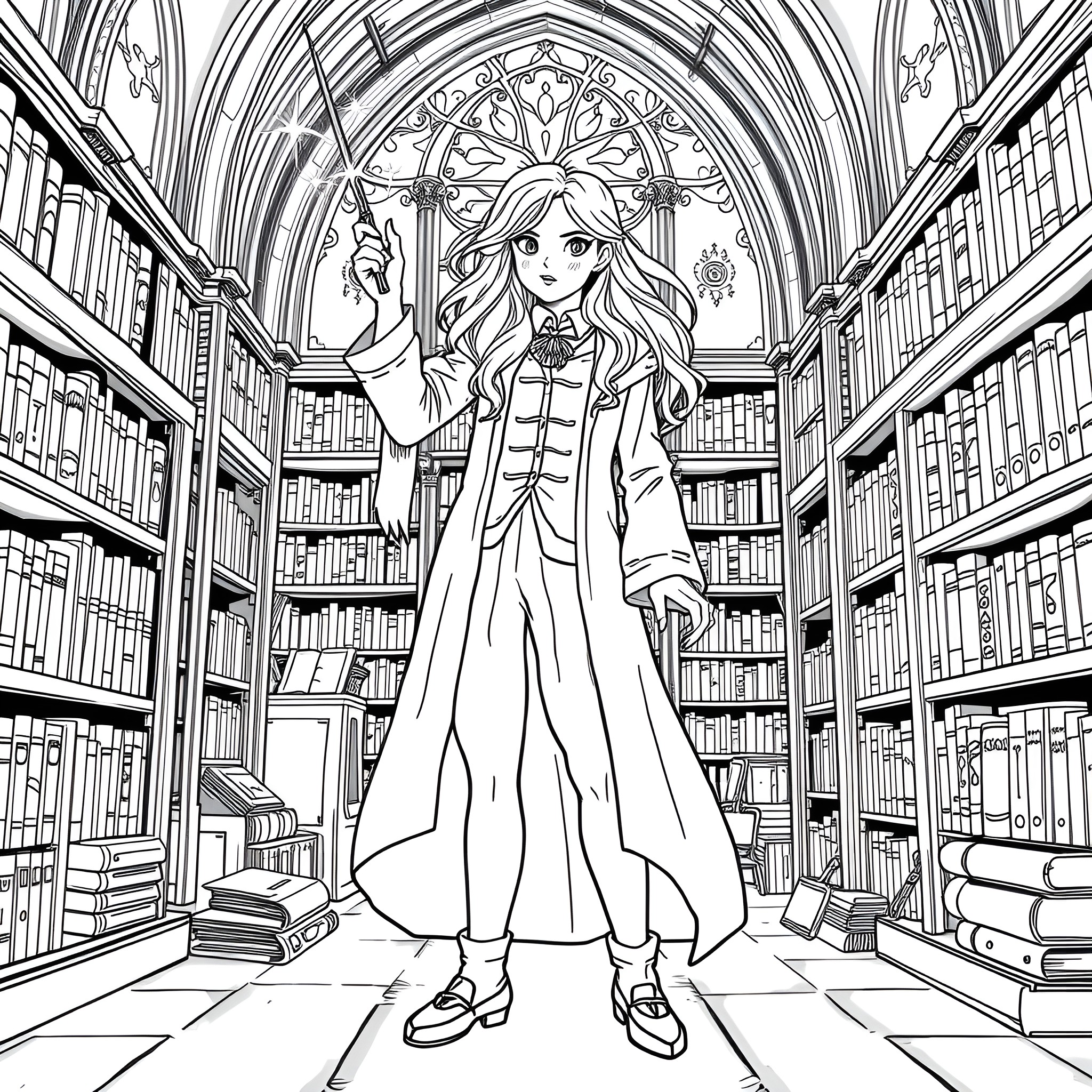 Hermione Granger Exploring the Enchanting Library Coloring Page (free black-and-white line drawing printable PDF for all, from beginners to advanced learners, including children, teens, adults, and seniors)