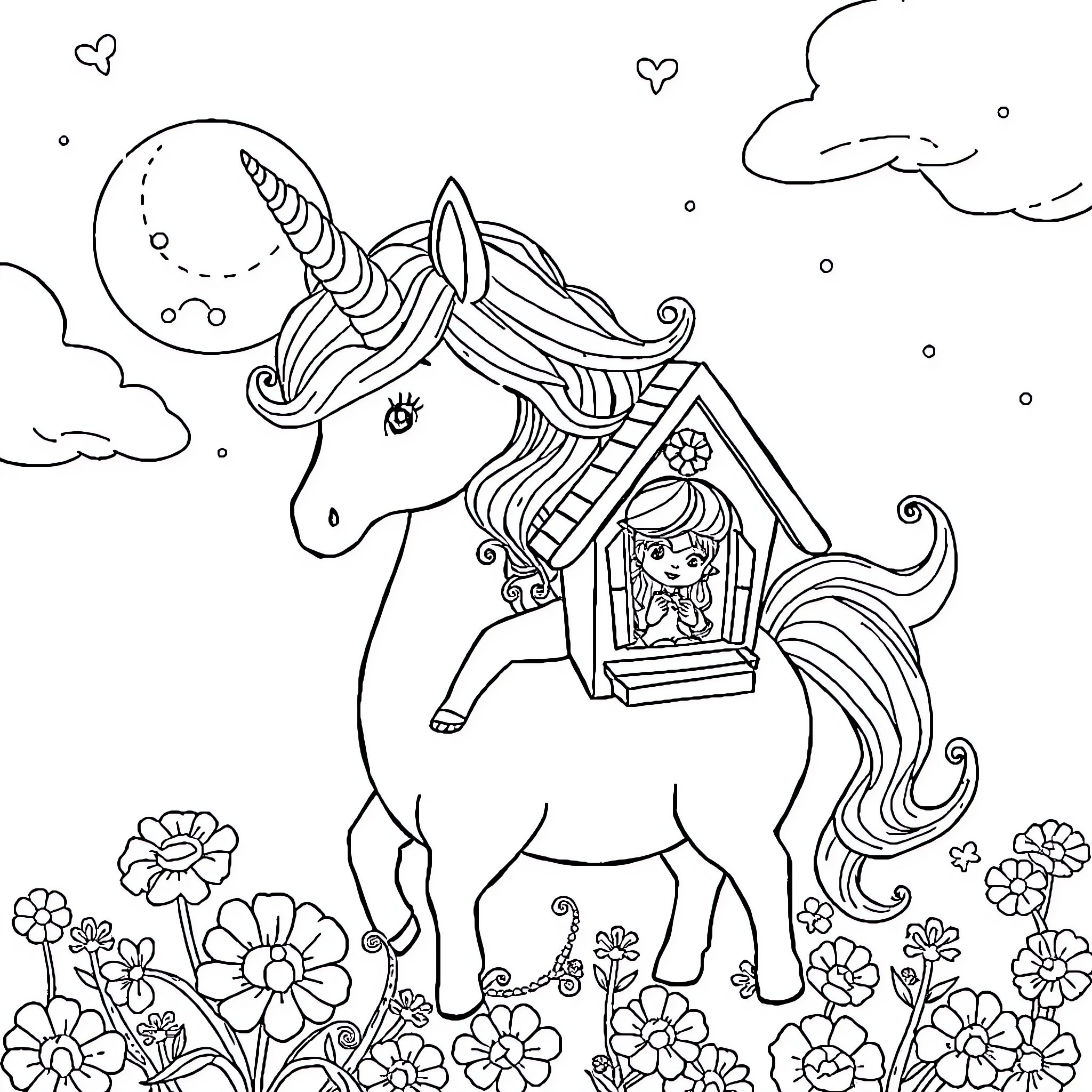 Gaby the Unicorn Playing in Enchanted Meadow Coloring Page (free black-and-white line drawing printable PDF for all, from beginners to advanced learners, including children, teens, adults, and seniors)
