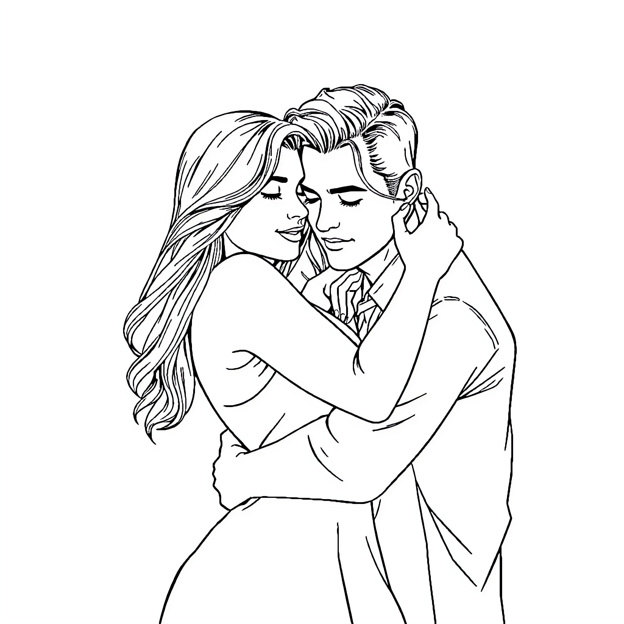 Two people embracing romantically Coloring Page (free black-and-white line drawing printable PDF for all, from beginners to advanced learners, including children, teens, adults, and seniors)