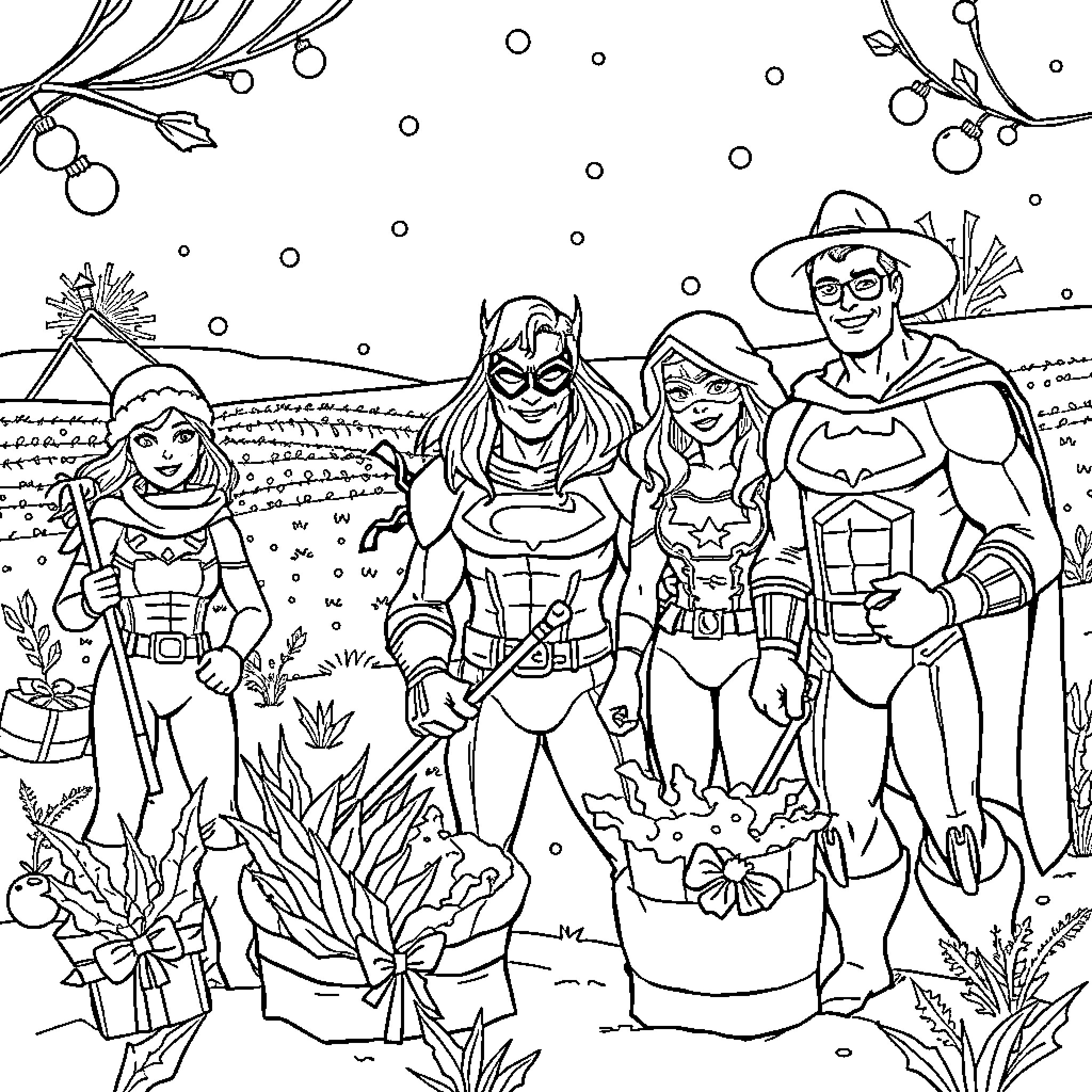 Justice League on a Tropical Adventure Coloring Page (free black-and-white line drawing printable PDF for all, from beginners to advanced learners, including children, teens, adults, and seniors)