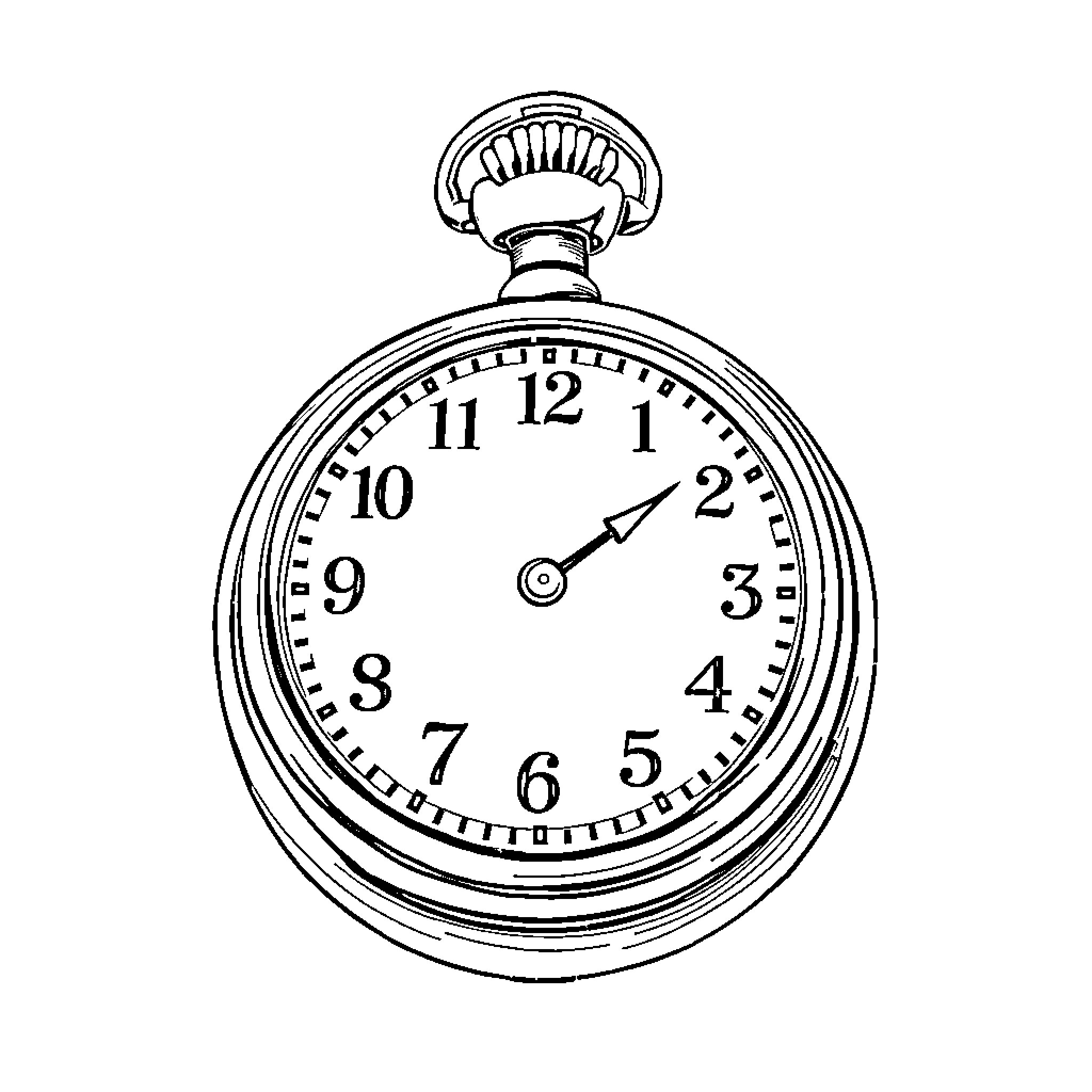 Pocket Watch with Detailed Face Coloring Page (free black-and-white line drawing printable PDF for all, from beginners to advanced learners, including children, teens, adults, and seniors)