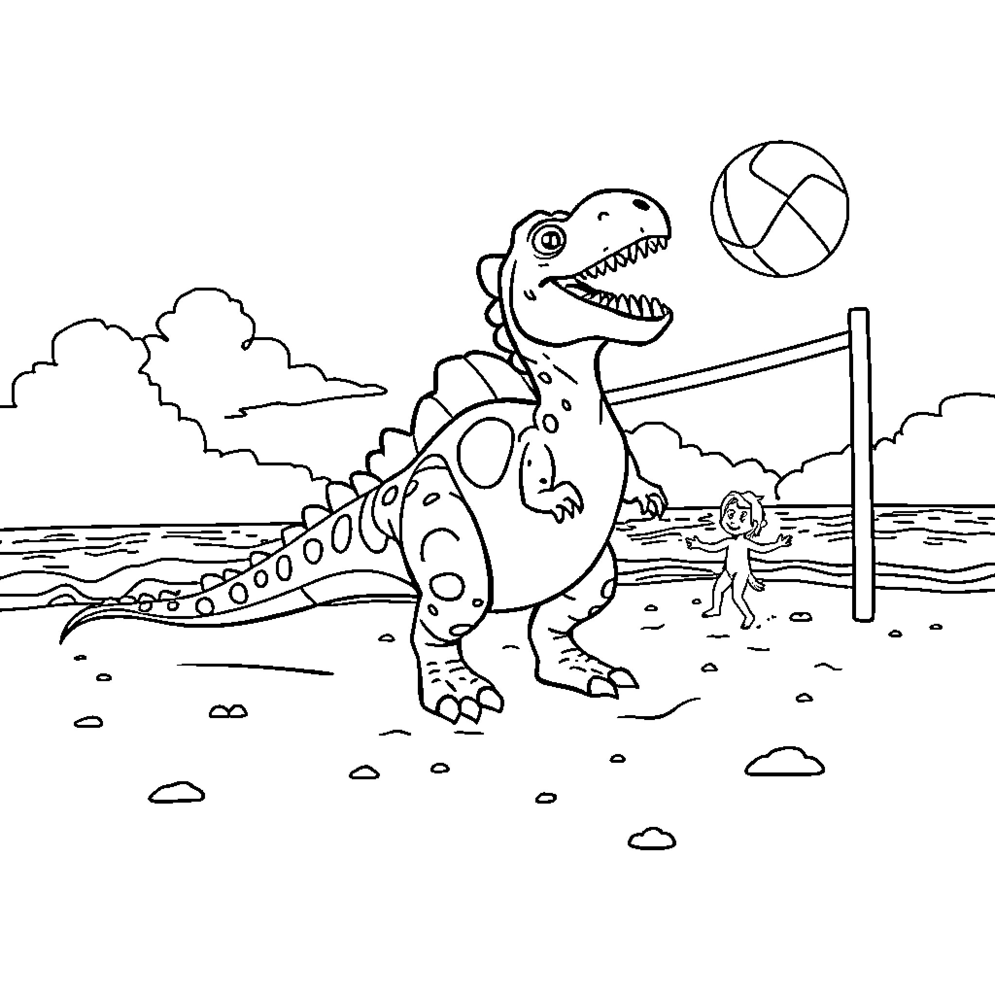 Dinosaur playing with beach ball on sunny day Coloring Page (free black-and-white line drawing printable PDF for all, from beginners to advanced learners, including children, teens, adults, and seniors)
