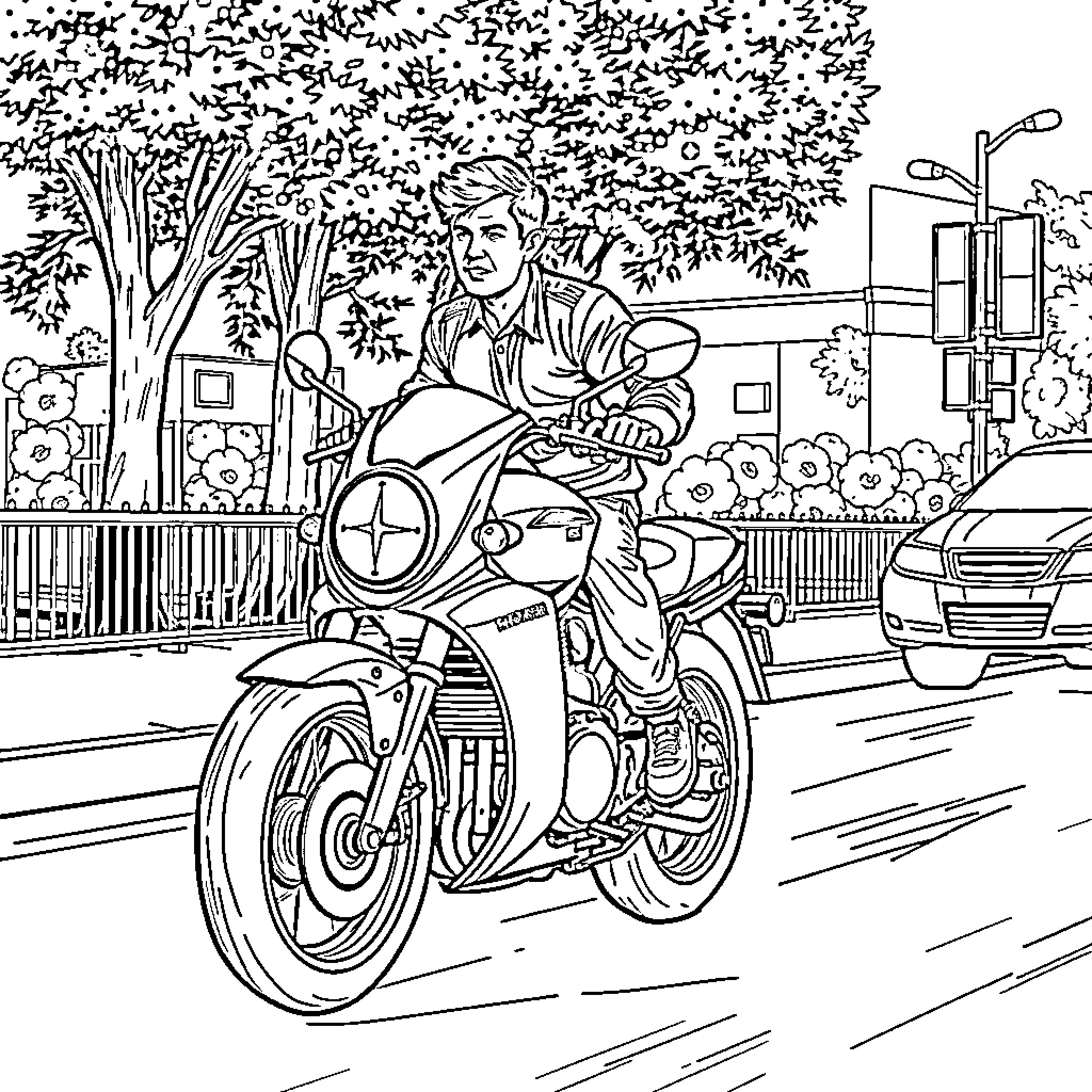 Man riding motorcycle on urban street Coloring Page (free black-and-white line drawing printable PDF for all, from beginners to advanced learners, including children, teens, adults, and seniors)