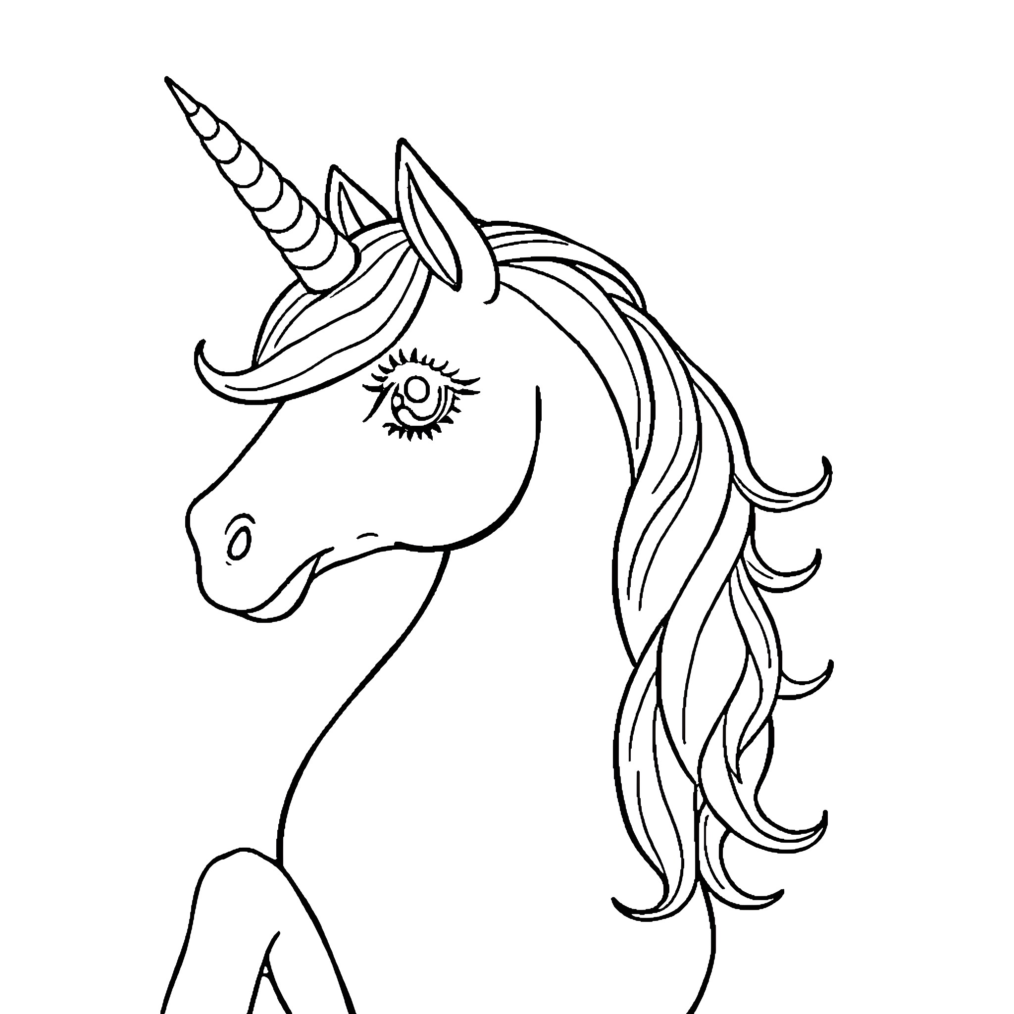 Unicorn with flowing mane and horn Coloring Page (free black-and-white line drawing printable PDF for all, from beginners to advanced learners, including children, teens, adults, and seniors)