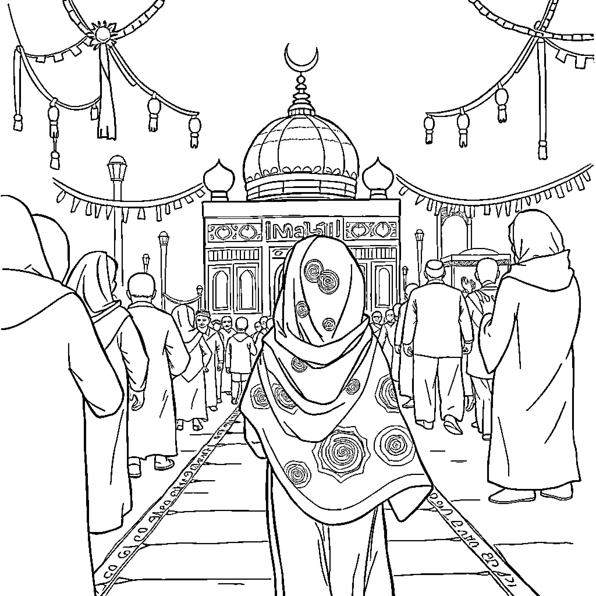 Girl in traditional Islamic attire at mosque gathering Coloring Page (free black-and-white line drawing printable PDF for all, from beginners to advanced learners, including children, teens, adults, and seniors)
