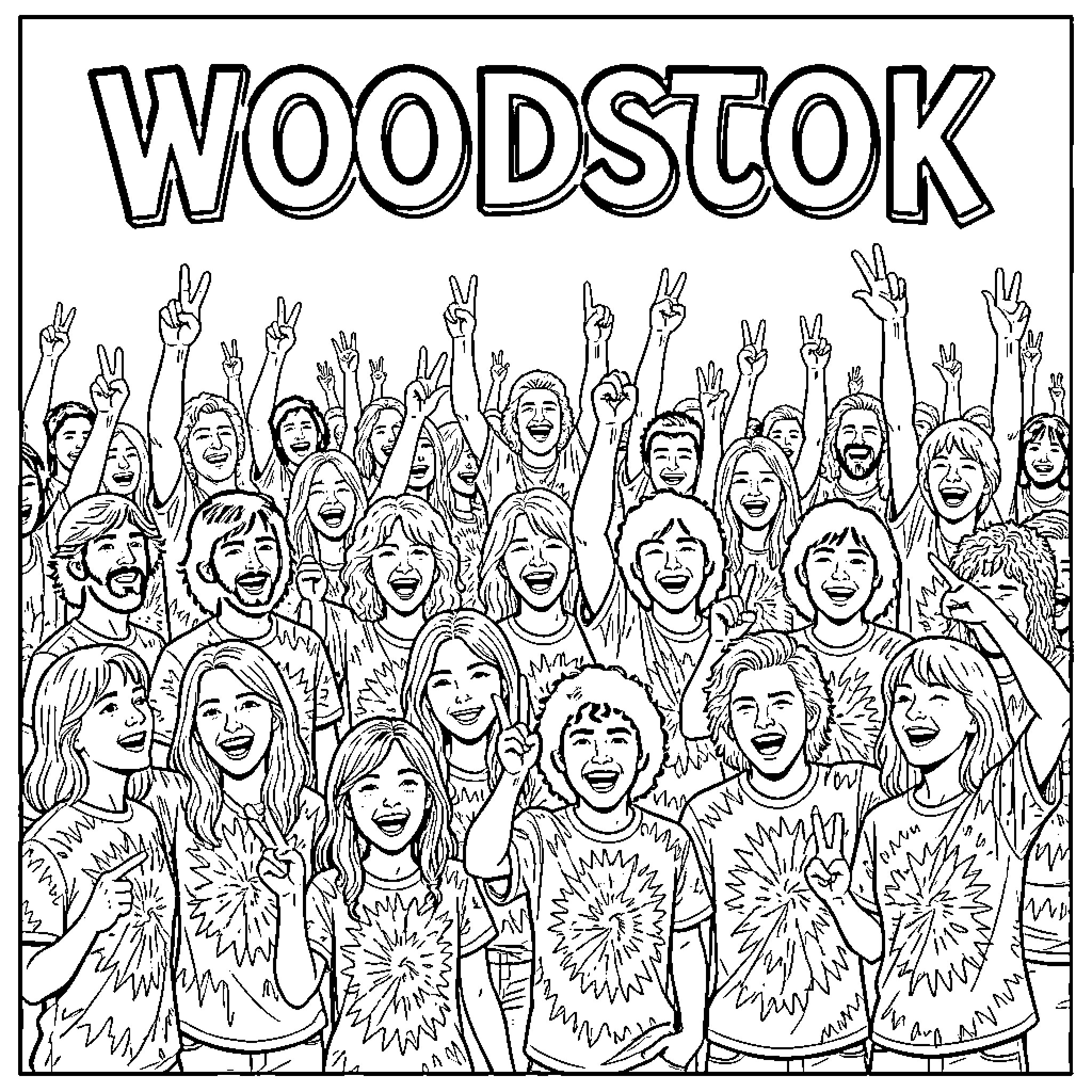 Woodstock Festival Celebrations and Excitement Coloring Page (free black-and-white line drawing printable PDF for all, from beginners to advanced learners, including children, teens, adults, and seniors)