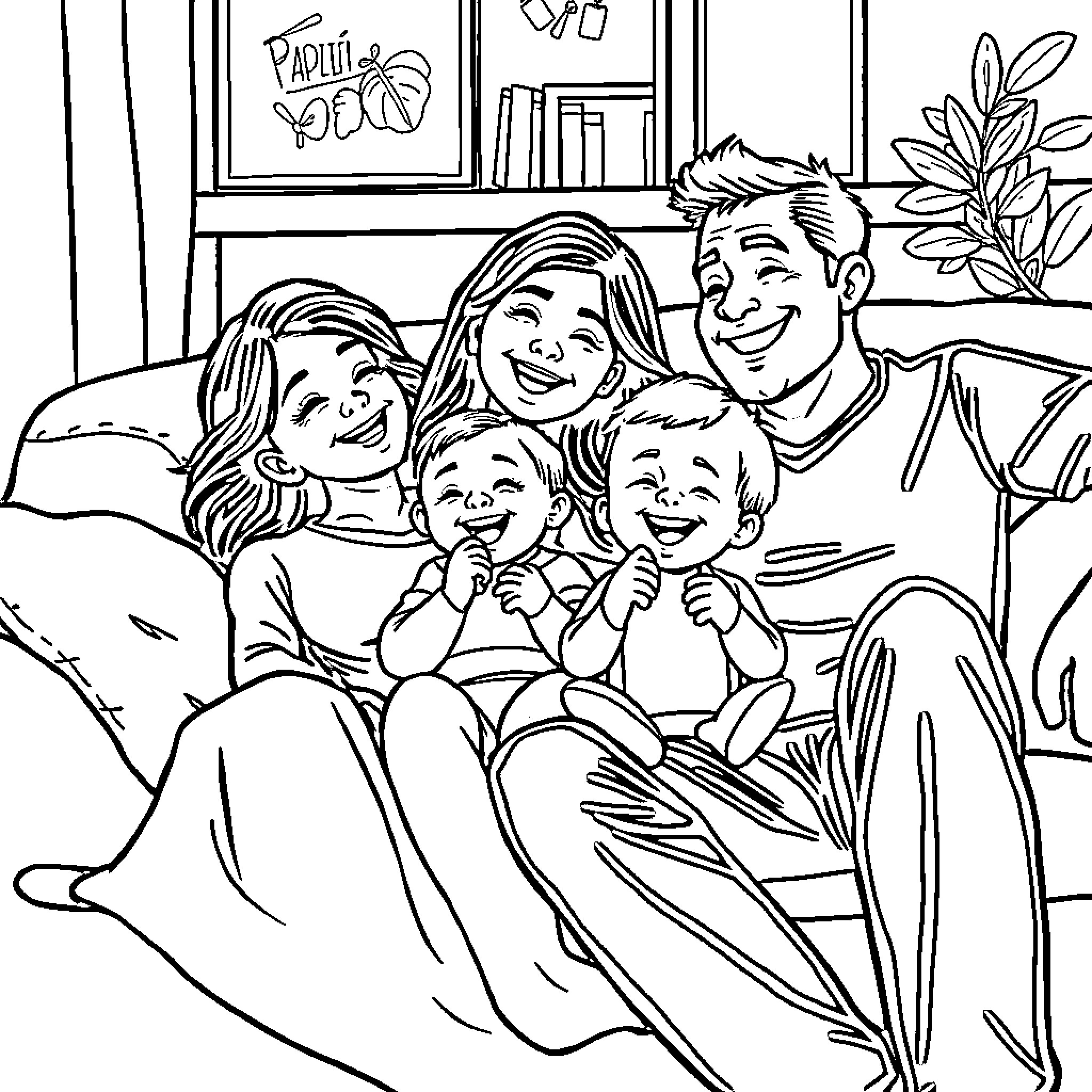 Family enjoying quality time together Coloring Page (free black-and-white line drawing printable PDF for all, from beginners to advanced learners, including children, teens, adults, and seniors)