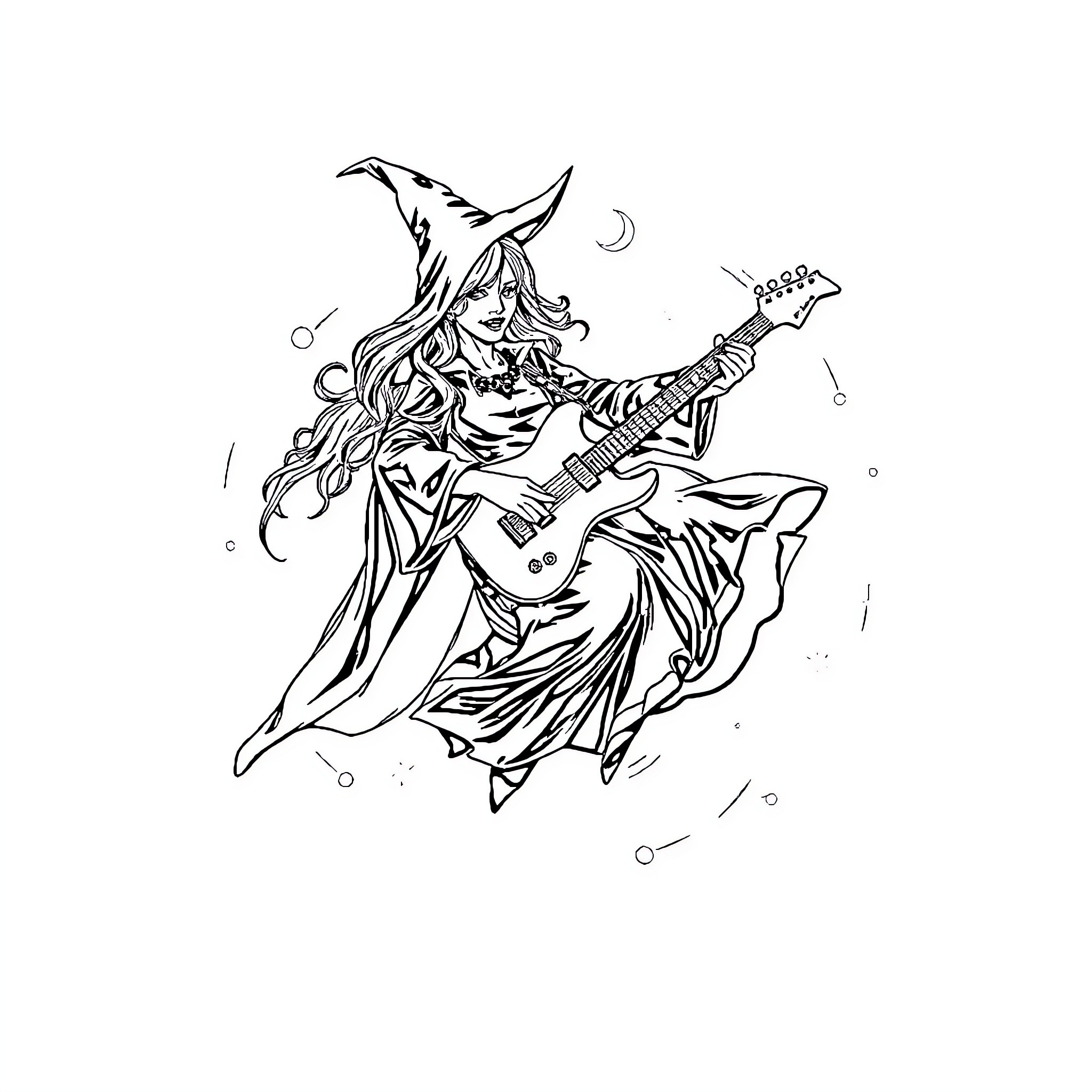 Sorceress Shredding on the Electric Guitar Coloring Page (free black-and-white line drawing printable PDF for all, from beginners to advanced learners, including children, teens, adults, and seniors)