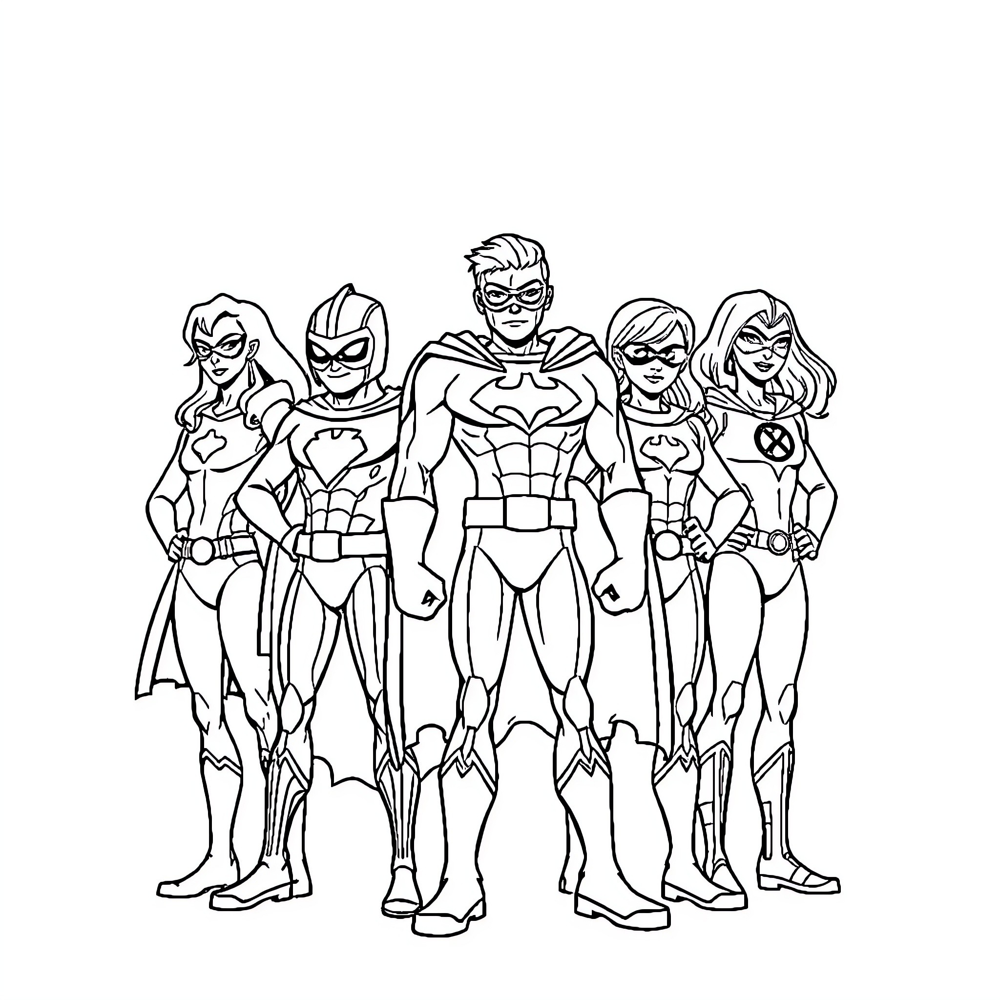 Superhero Team Assembles for Action Coloring Page (free black-and-white line drawing printable PDF for all, from beginners to advanced learners, including children, teens, adults, and seniors)