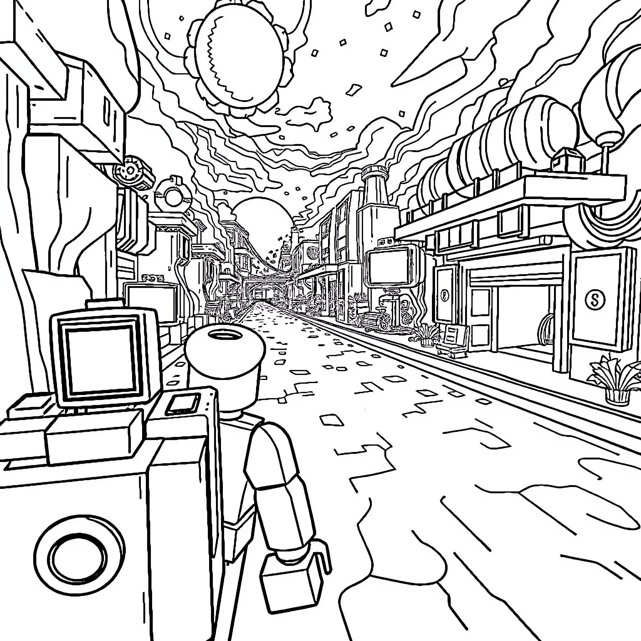 Roblox Chaotic City Adventure Coloring Page (free black-and-white line drawing printable PDF for all, from beginners to advanced learners, including children, teens, adults, and seniors)