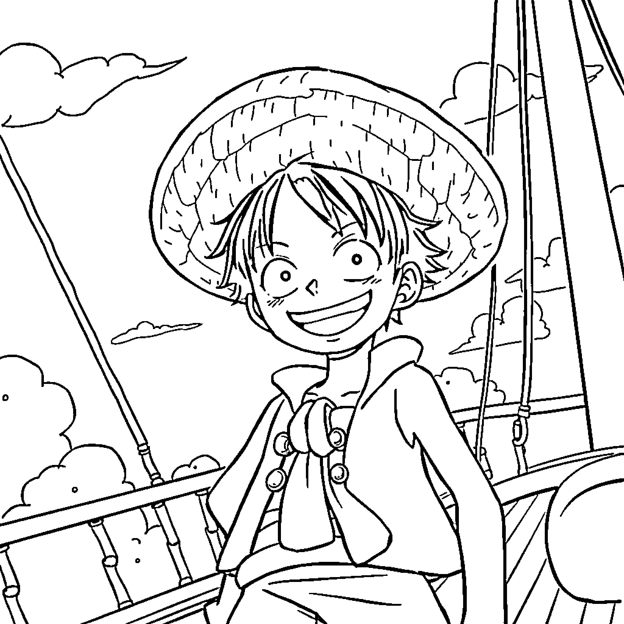 Luffy embarking on a nautical adventure Coloring Page (free black-and-white line drawing printable PDF for all, from beginners to advanced learners, including children, teens, adults, and seniors)