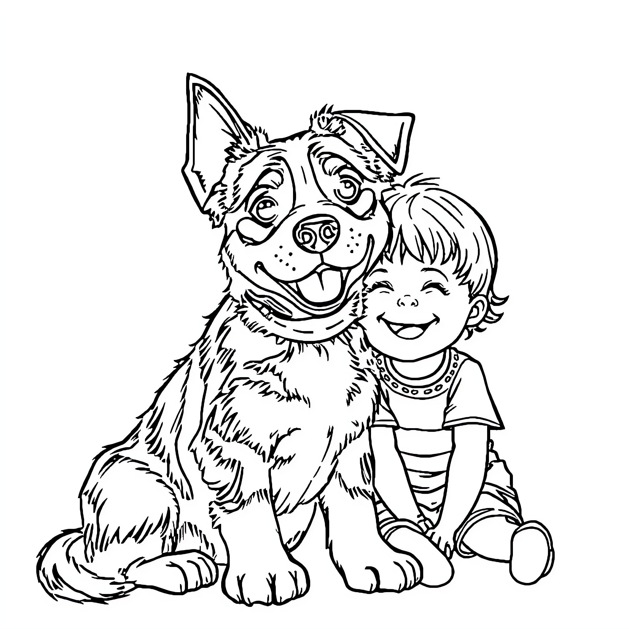 Carlin's Friendly Encounter with a Cheerful Child Coloring Page (free black-and-white line drawing printable PDF for all, from beginners to advanced learners, including children, teens, adults, and seniors)