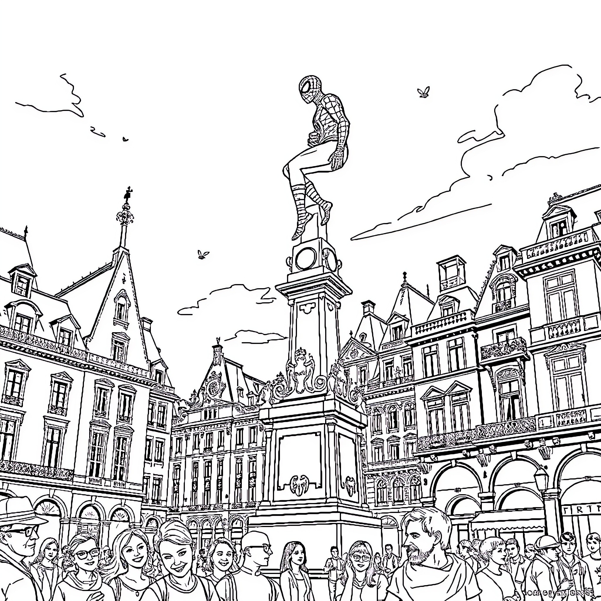 Spiderman swinging through a bustling city square Coloring Page (free black-and-white line drawing printable PDF for all, from beginners to advanced learners, including children, teens, adults, and seniors)