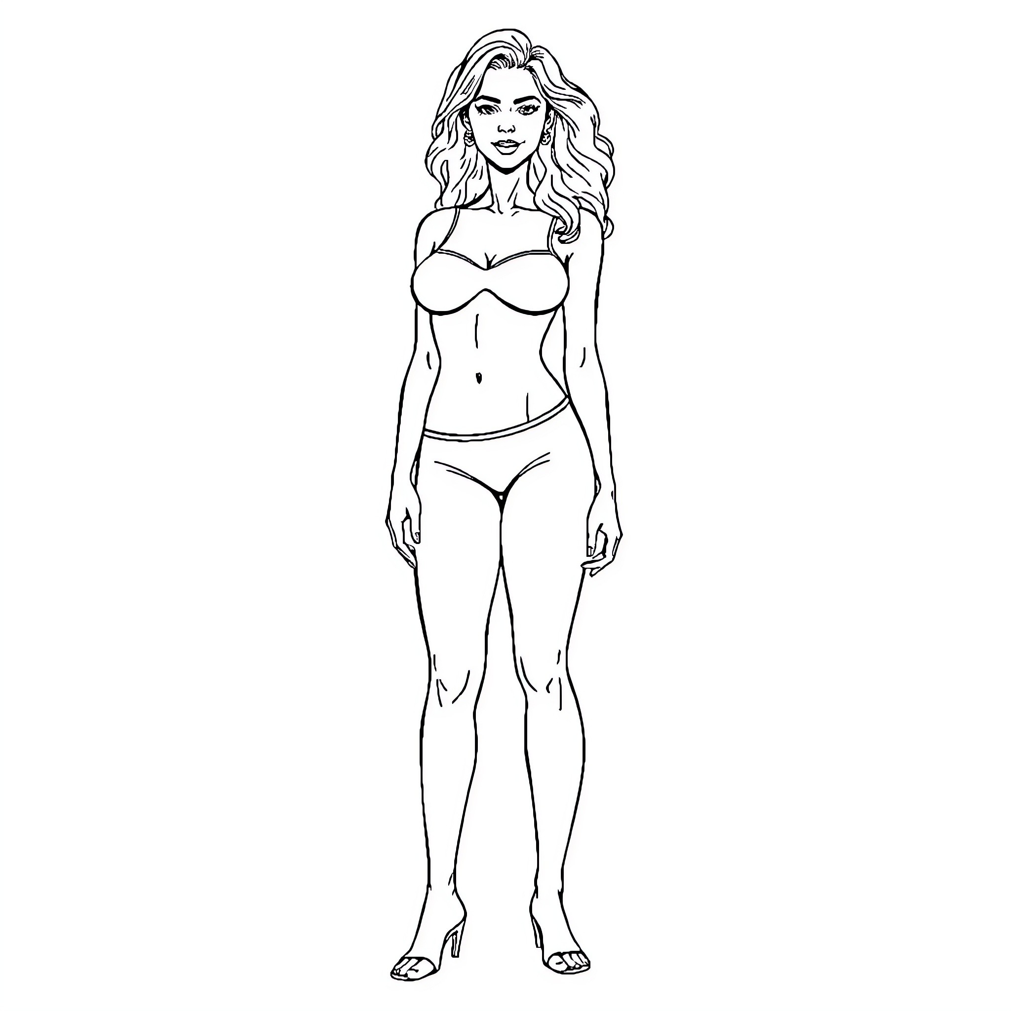 Woman in confident and alluring pose Coloring Page (free black-and-white line drawing printable PDF for all, from beginners to advanced learners, including children, teens, adults, and seniors)