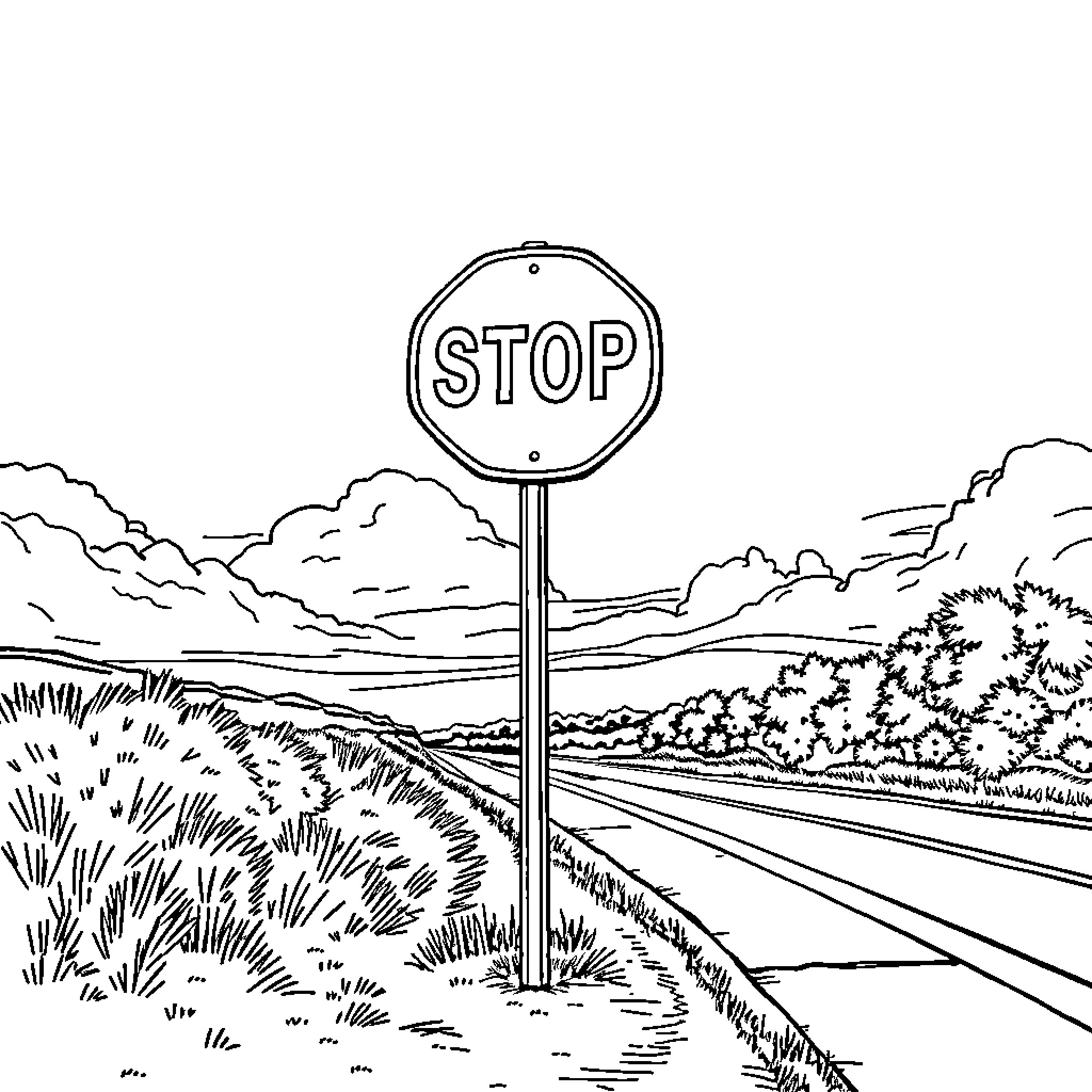 Stop Sign on a Rural Road Amidst Clouds and Foliage Coloring Page (free black-and-white line drawing printable PDF for all, from beginners to advanced learners, including children, teens, adults, and seniors)