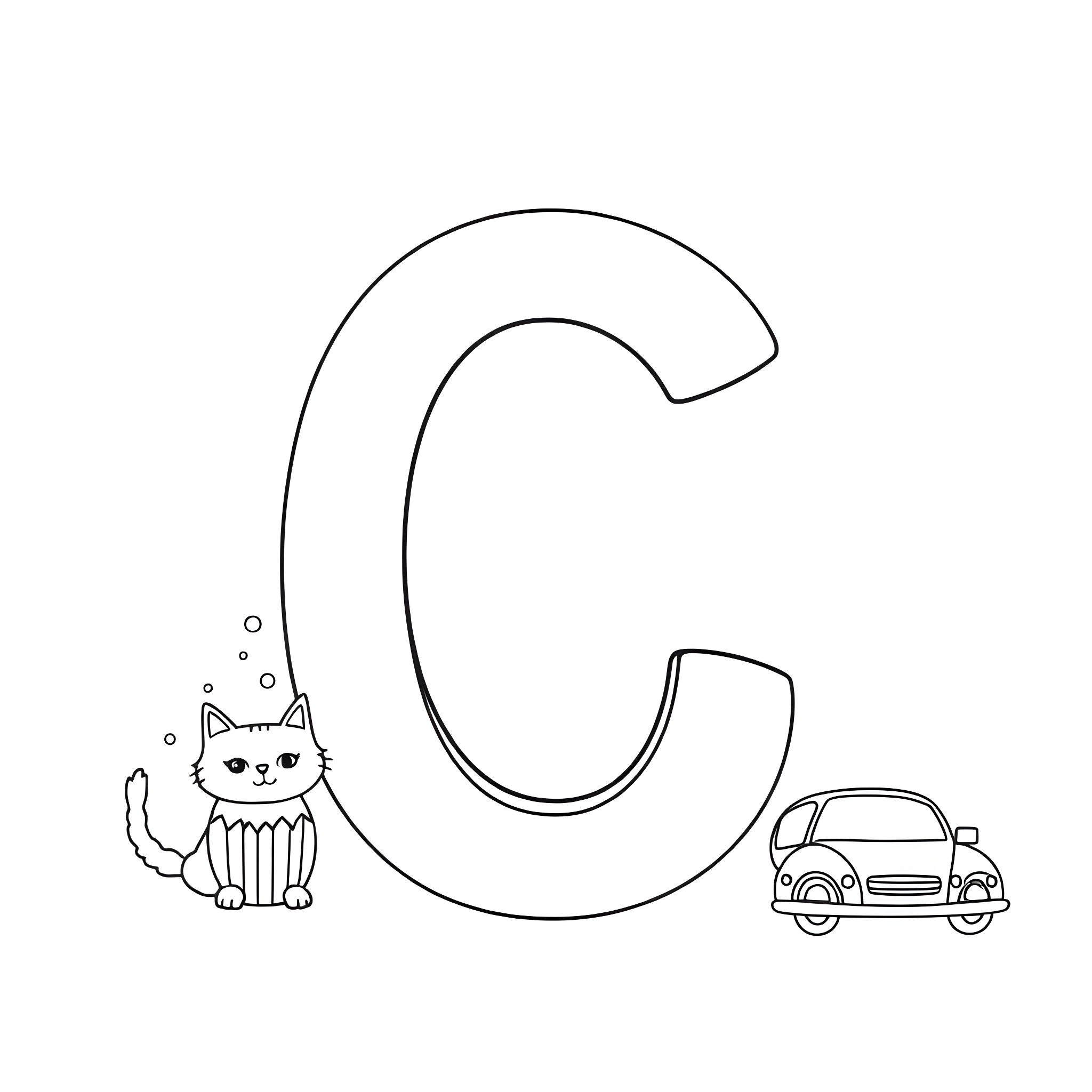 Letter C with a cat and a car Coloring Page (free black-and-white line drawing printable PDF for all, from beginners to advanced learners, including children, teens, adults, and seniors)
