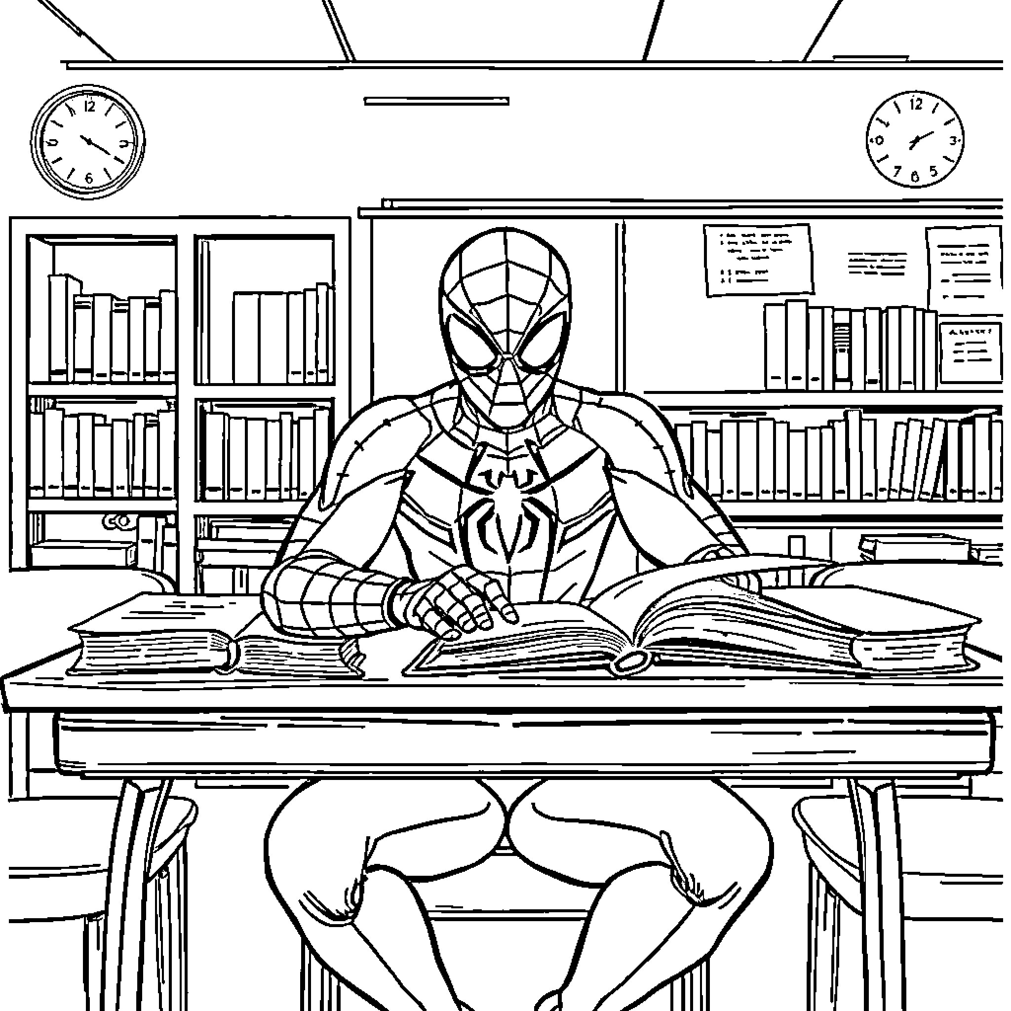 Spiderman studying diligently in the library Coloring Page (free black-and-white line drawing printable PDF for all, from beginners to advanced learners, including children, teens, adults, and seniors)
