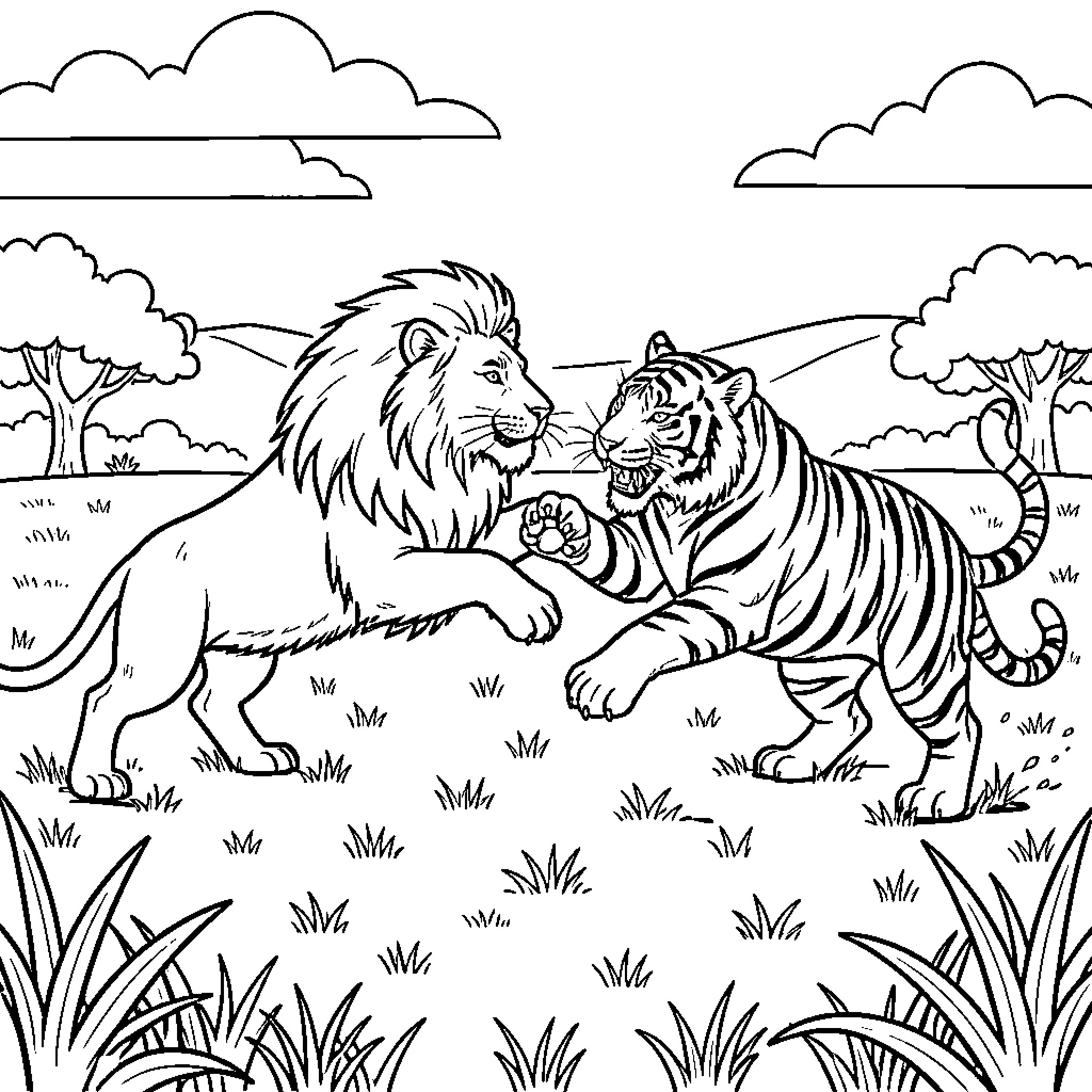 Lion and tiger facing off in the wild Coloring Page (free black-and-white line drawing printable PDF for all, from beginners to advanced learners, including children, teens, adults, and seniors)