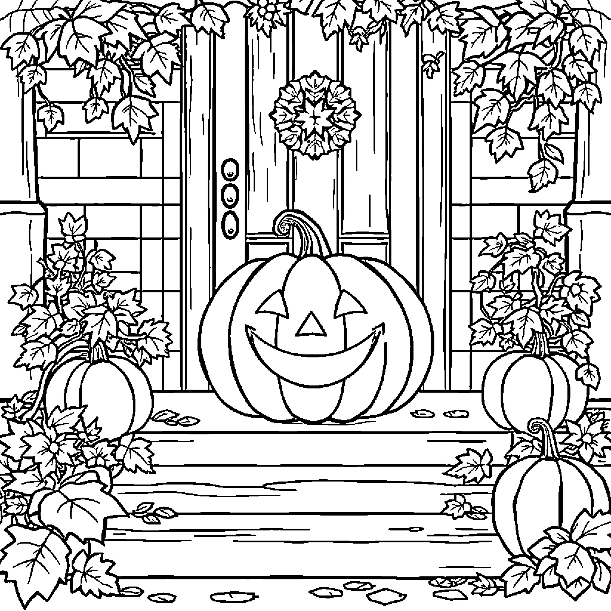 Pumpkin Decor on Festive Front Porch Coloring Page (free black-and-white line drawing printable PDF for all, from beginners to advanced learners, including children, teens, adults, and seniors)