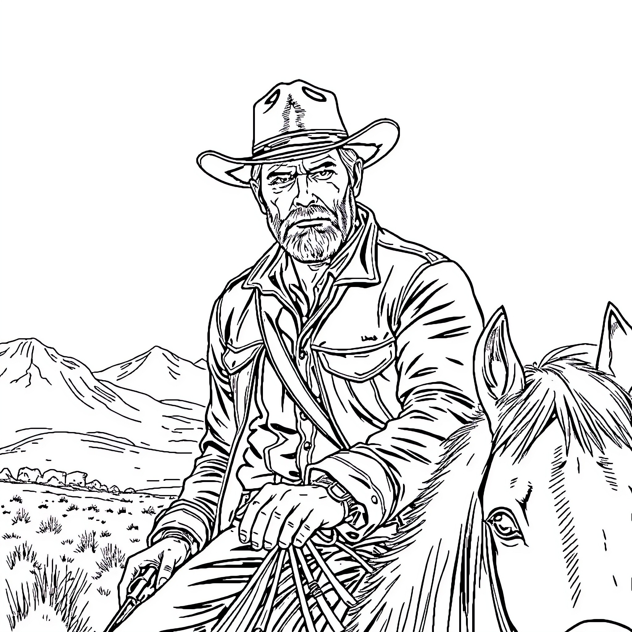 Arthur, the Rugged Cowboy on his Trusty Steed Coloring Page (free black-and-white line drawing printable PDF for all, from beginners to advanced learners, including children, teens, adults, and seniors)