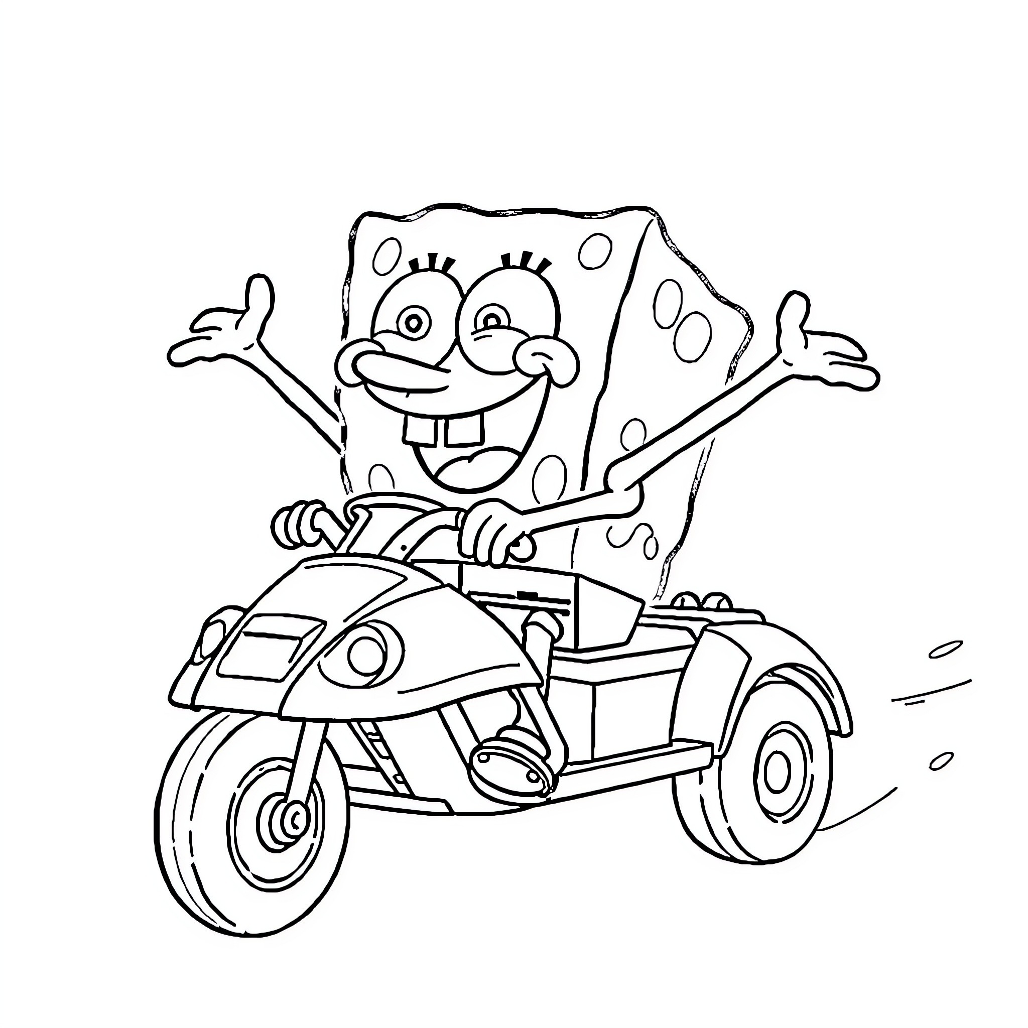 Spongebob driving a motorized vehicle with enthusiasm Coloring Page (free black-and-white line drawing printable PDF for all, from beginners to advanced learners, including children, teens, adults, and seniors)