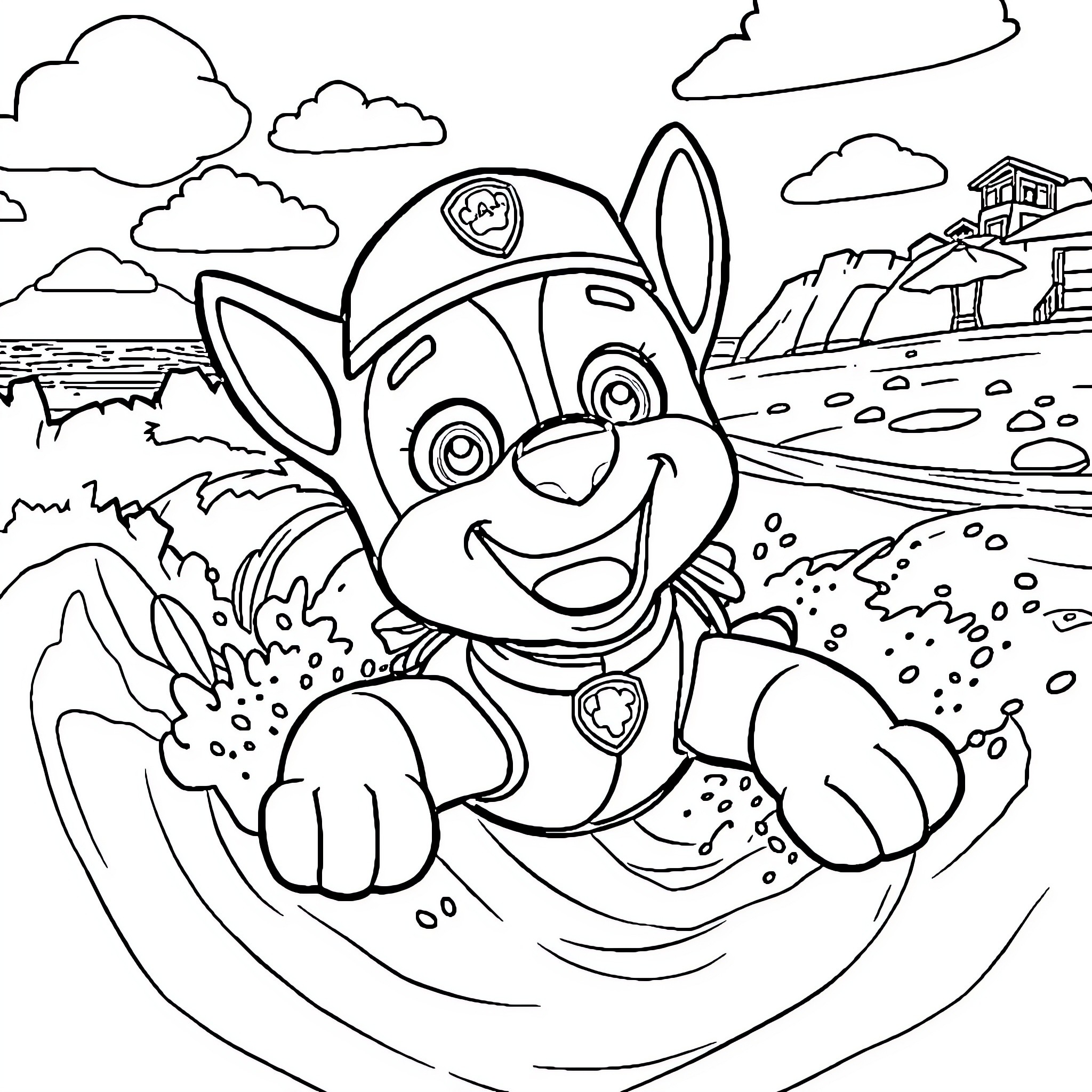 Chase the Pup's Playful Adventure Coloring Page (free black-and-white line drawing printable PDF for all, from beginners to advanced learners, including children, teens, adults, and seniors)